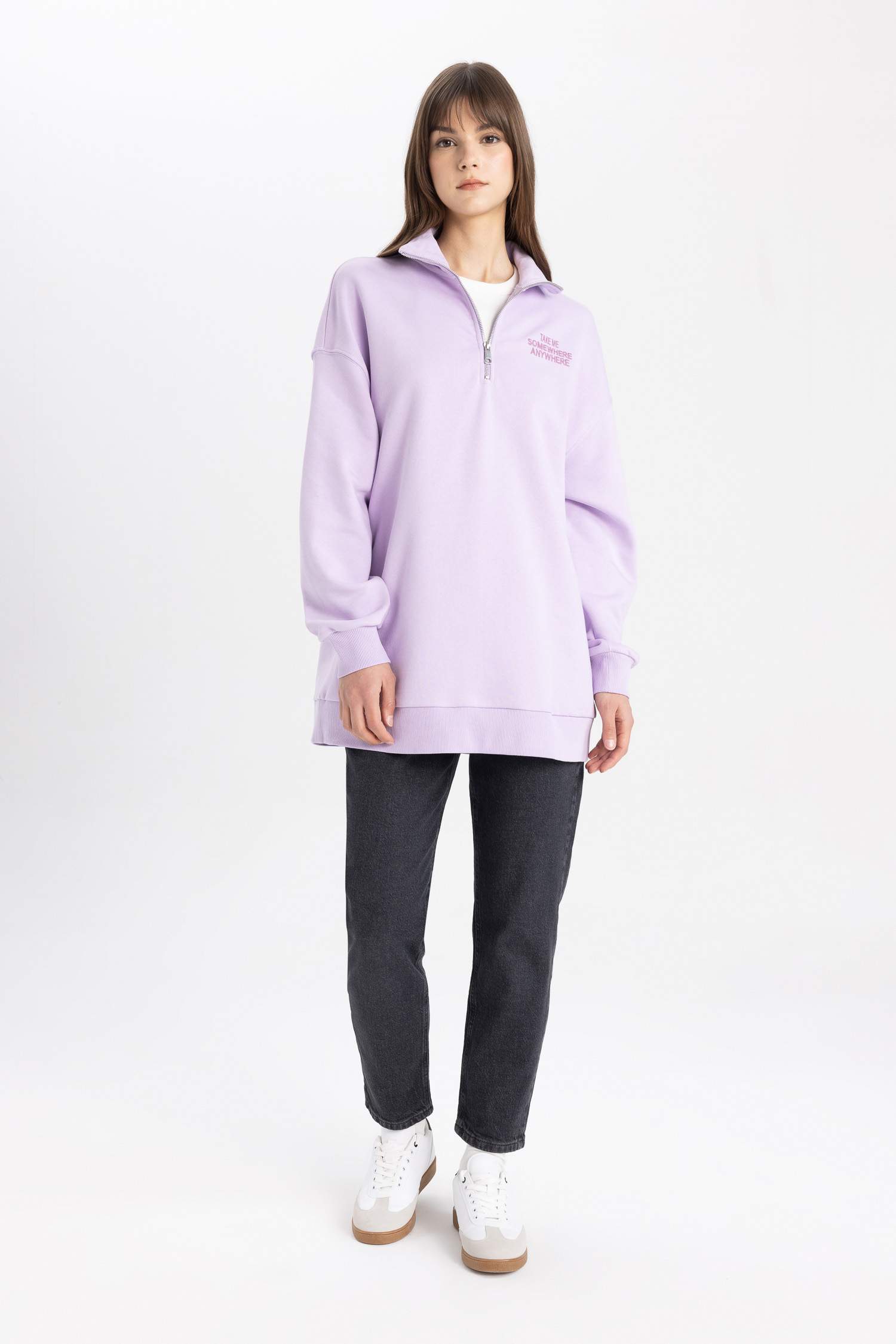 Fermuarlı Dik Yaka Baskılı İçi Yumuşak Tüylü Sweatshirt Tunik