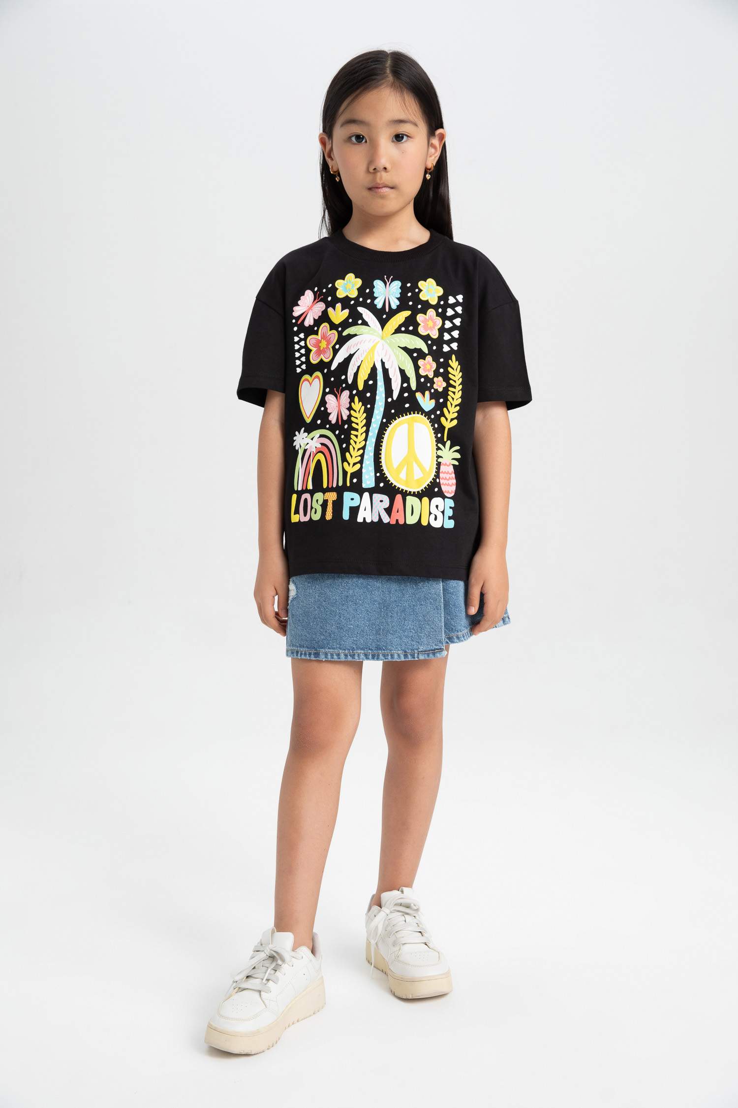 Kız Çocuk Oversize Geniş Kalıp Bisiklet Yaka Baskılı Kısa Kollu Tişört