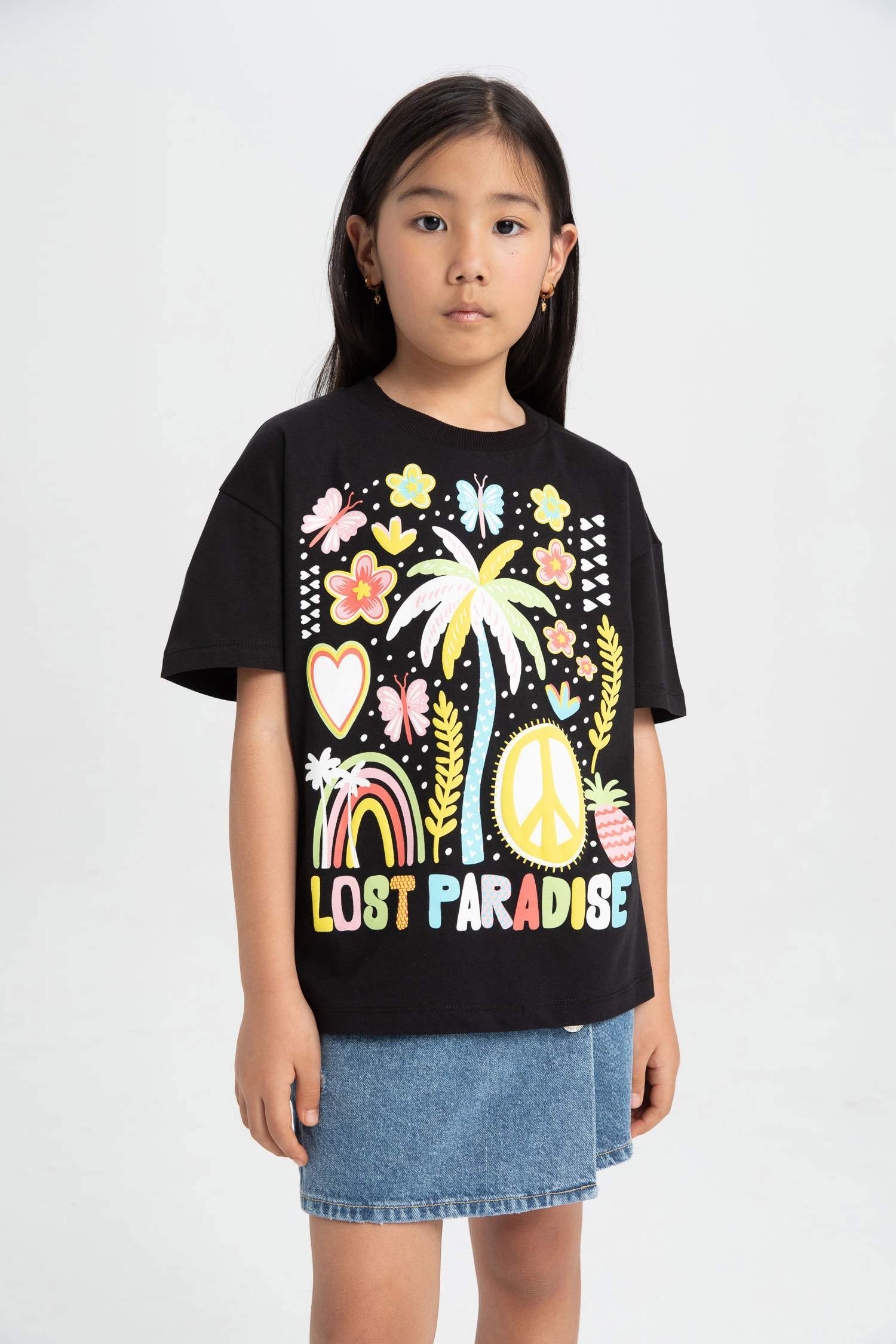 Kız Çocuk Oversize Geniş Kalıp Bisiklet Yaka Baskılı Kısa Kollu Tişört