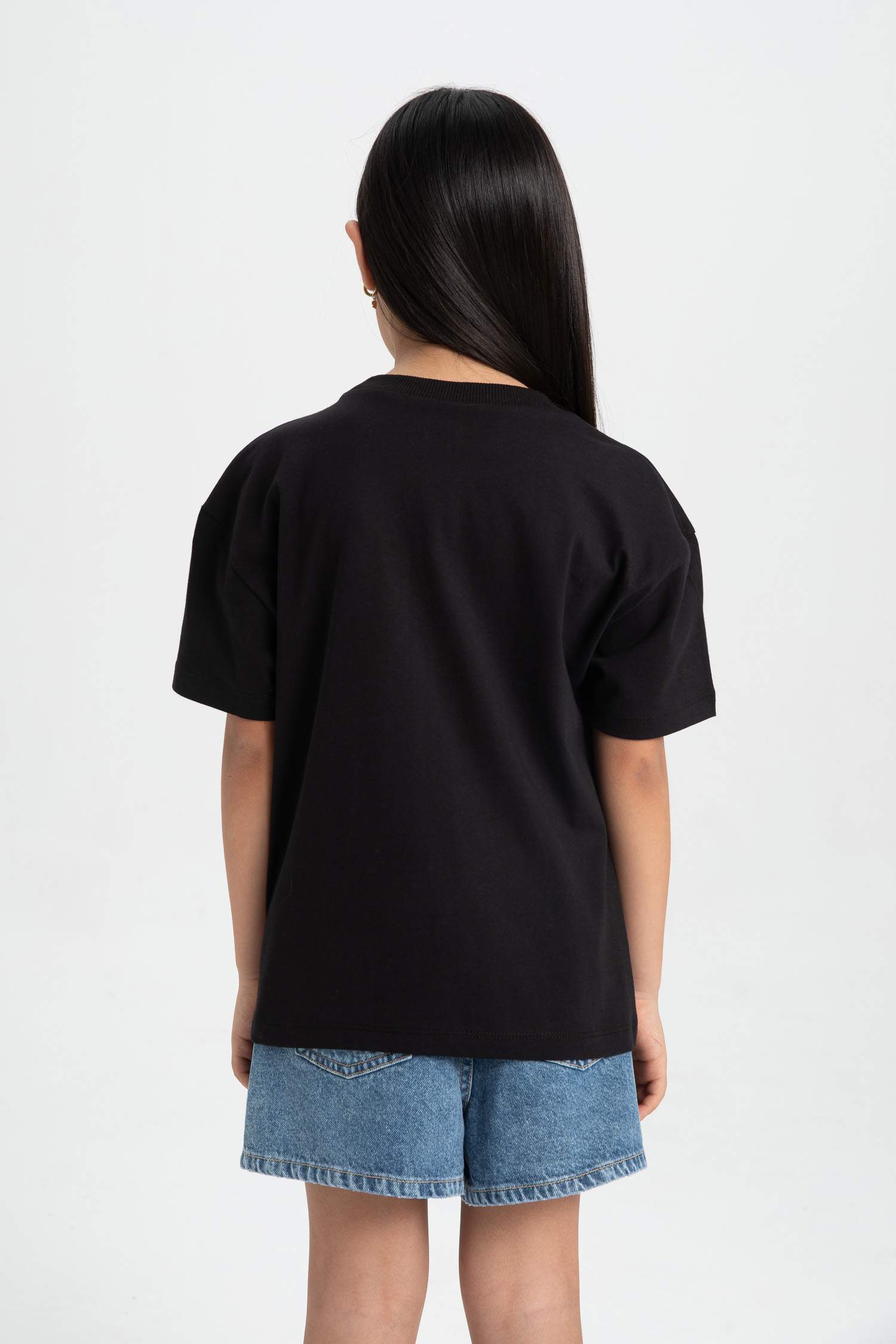 Kız Çocuk Oversize Geniş Kalıp Bisiklet Yaka Baskılı Kısa Kollu Tişört