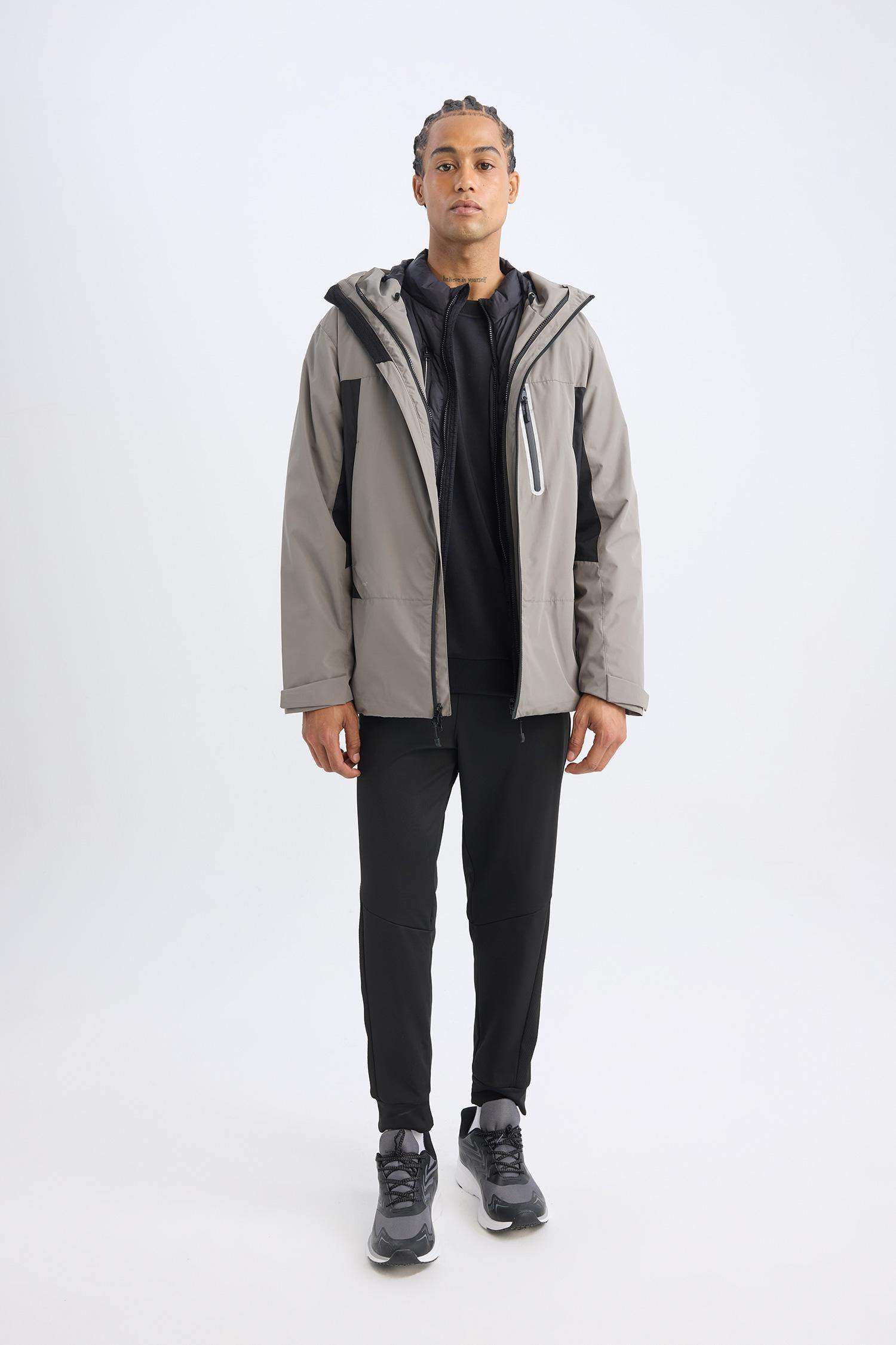 DeFactoFit Su İtici İnce Yağmurluk,Kalın Mont 2'li Takım Kapüşonlu Rüzgar Geçirmez Fermuarlı Mont