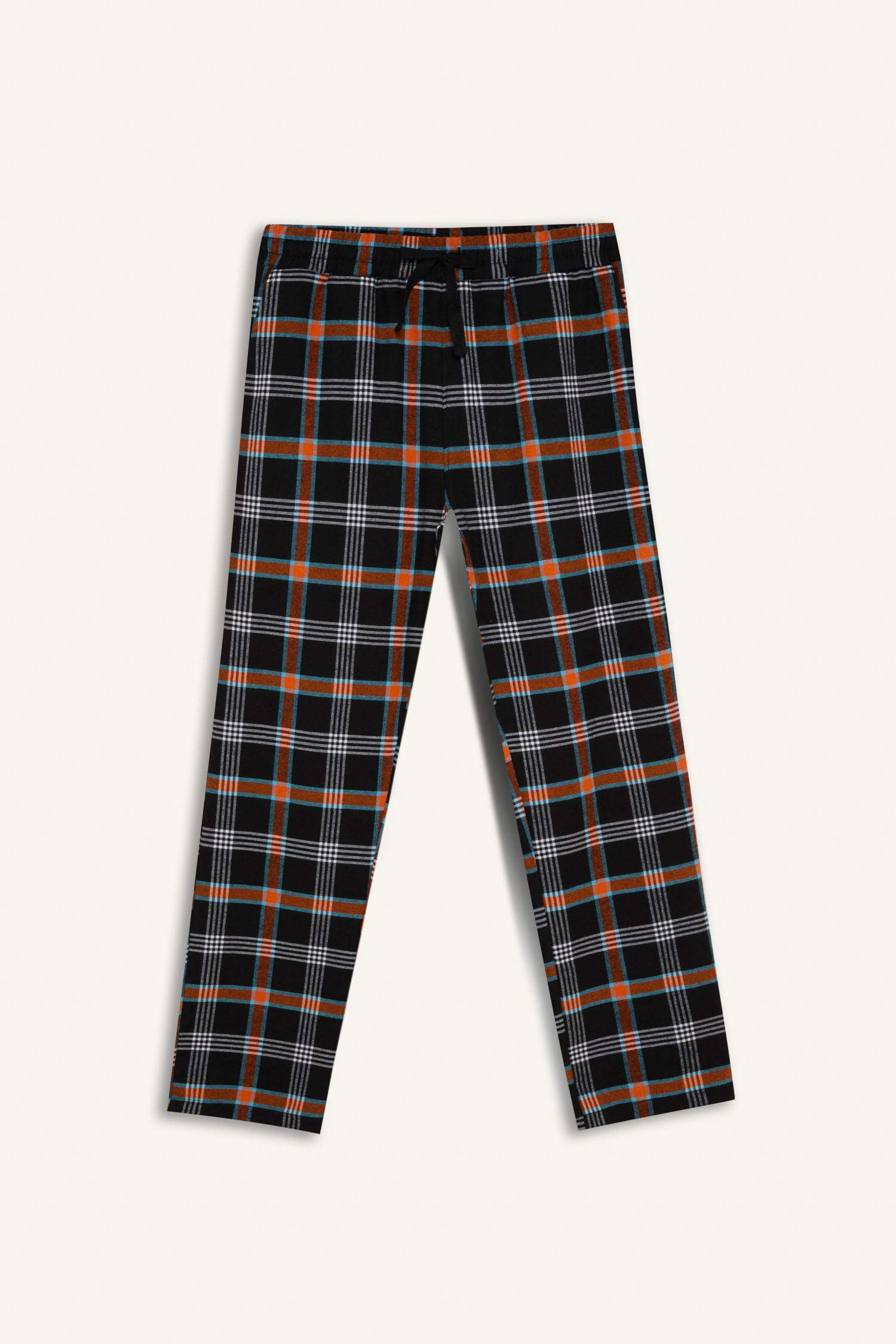 Regular Fit Pijama Takımı Bisiklet Yaka Basic Düz Uzun Kollu Üst Kareli Uzun Alt