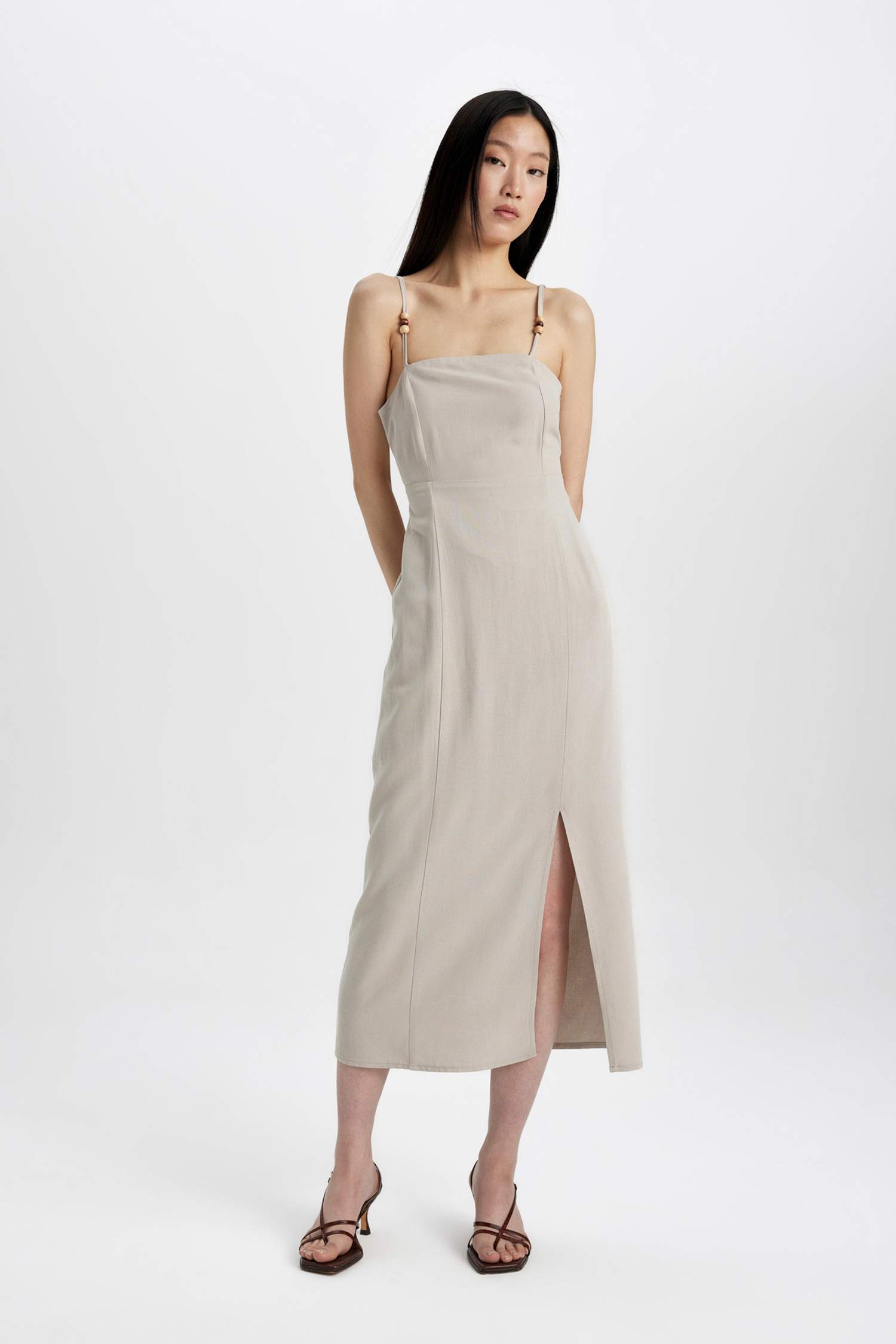 Slit Fit Square Neck Slit Linen Strap Dress
