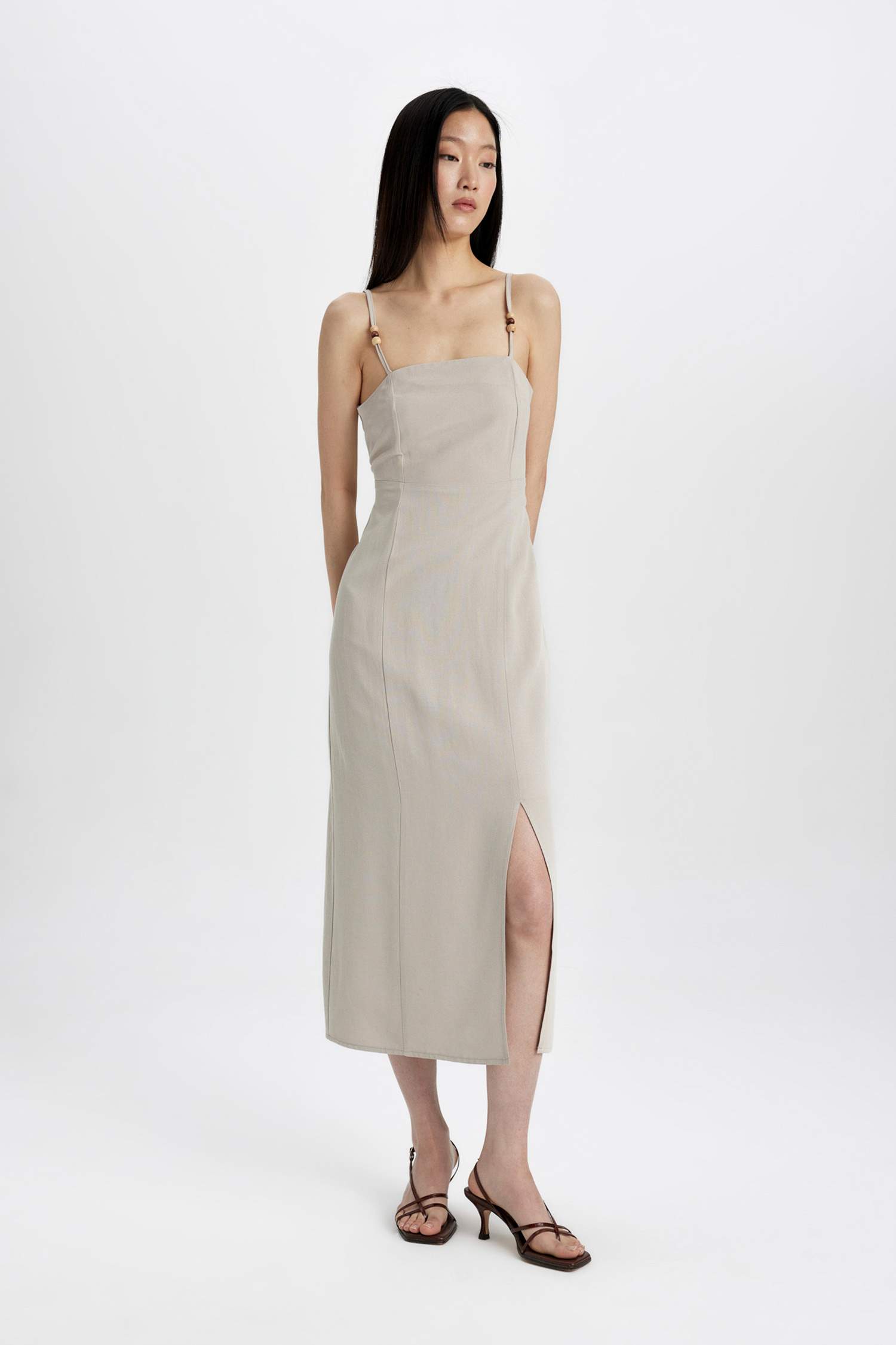 Slit Fit Square Neck Slit Linen Strap Dress