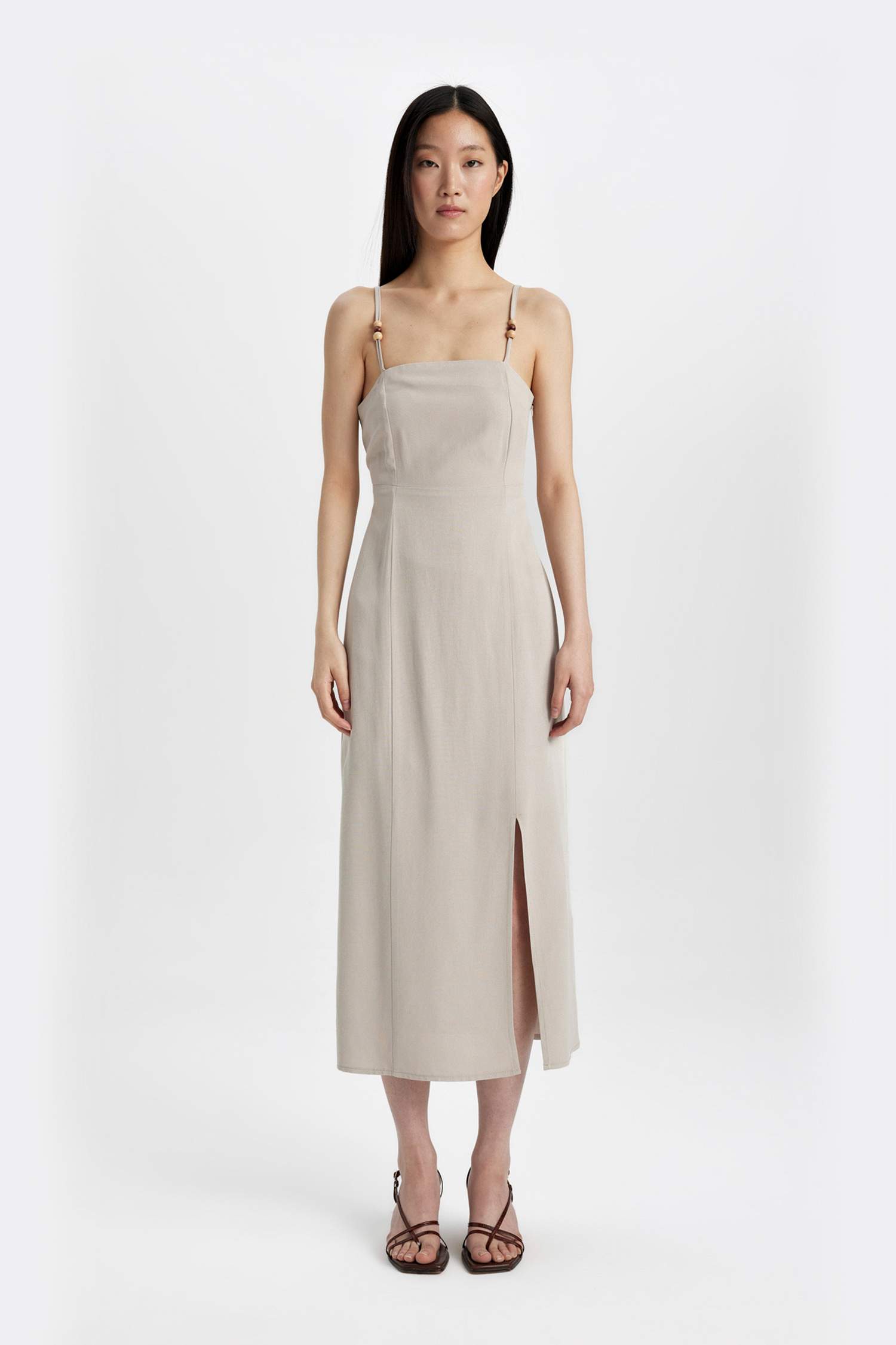 Slit Fit Square Neck Slit Linen Strap Dress