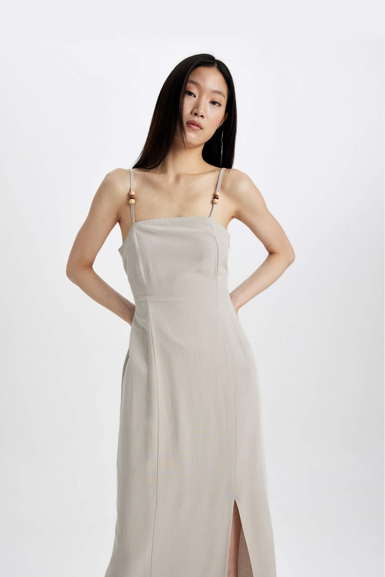 Slit Fit Square Neck Slit Linen Strap Dress
