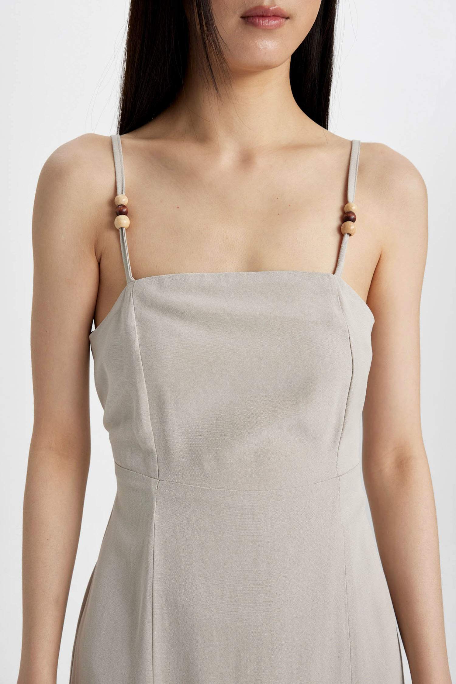 Slit Fit Square Neck Slit Linen Strap Dress