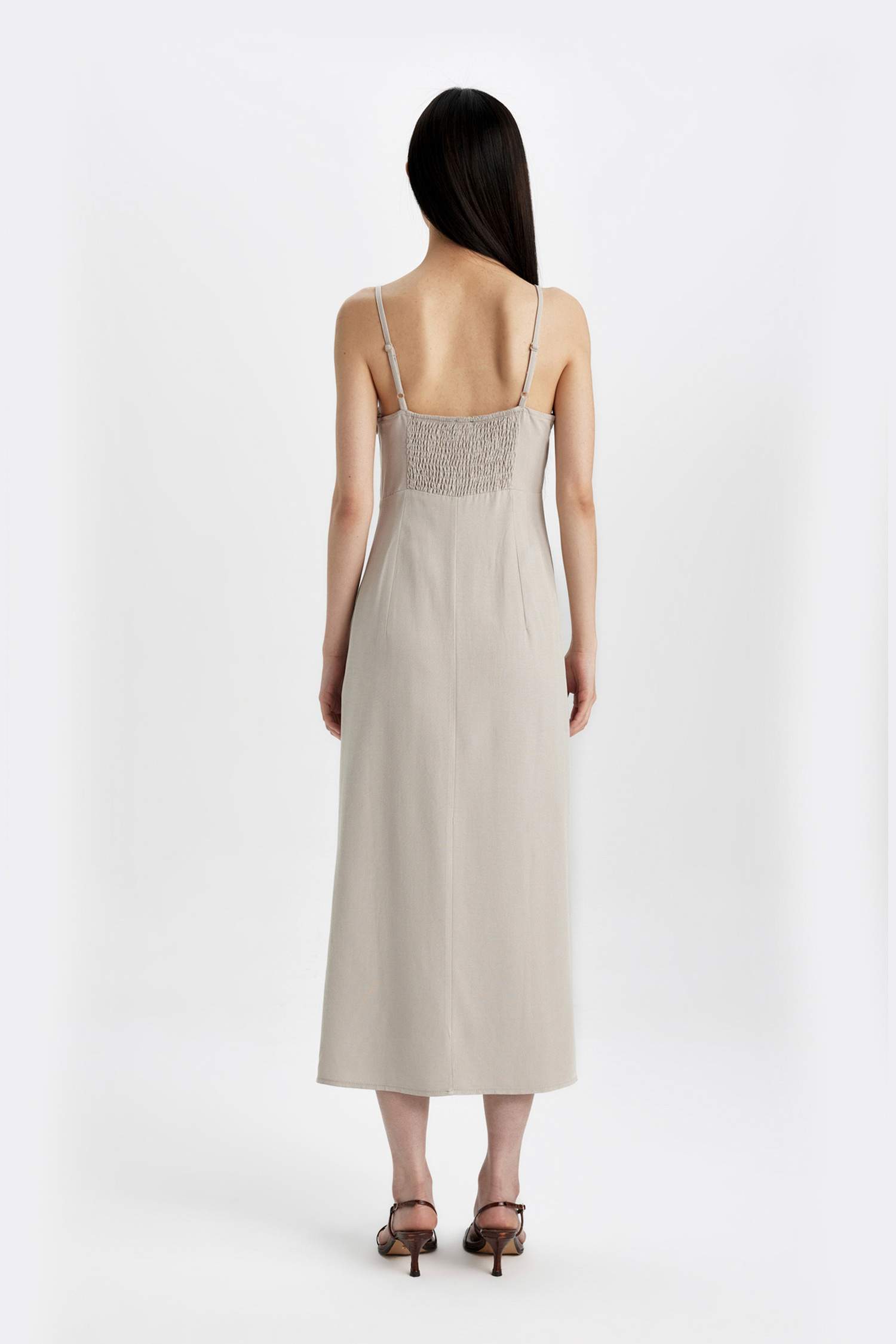 Slit Fit Square Neck Slit Linen Strap Dress