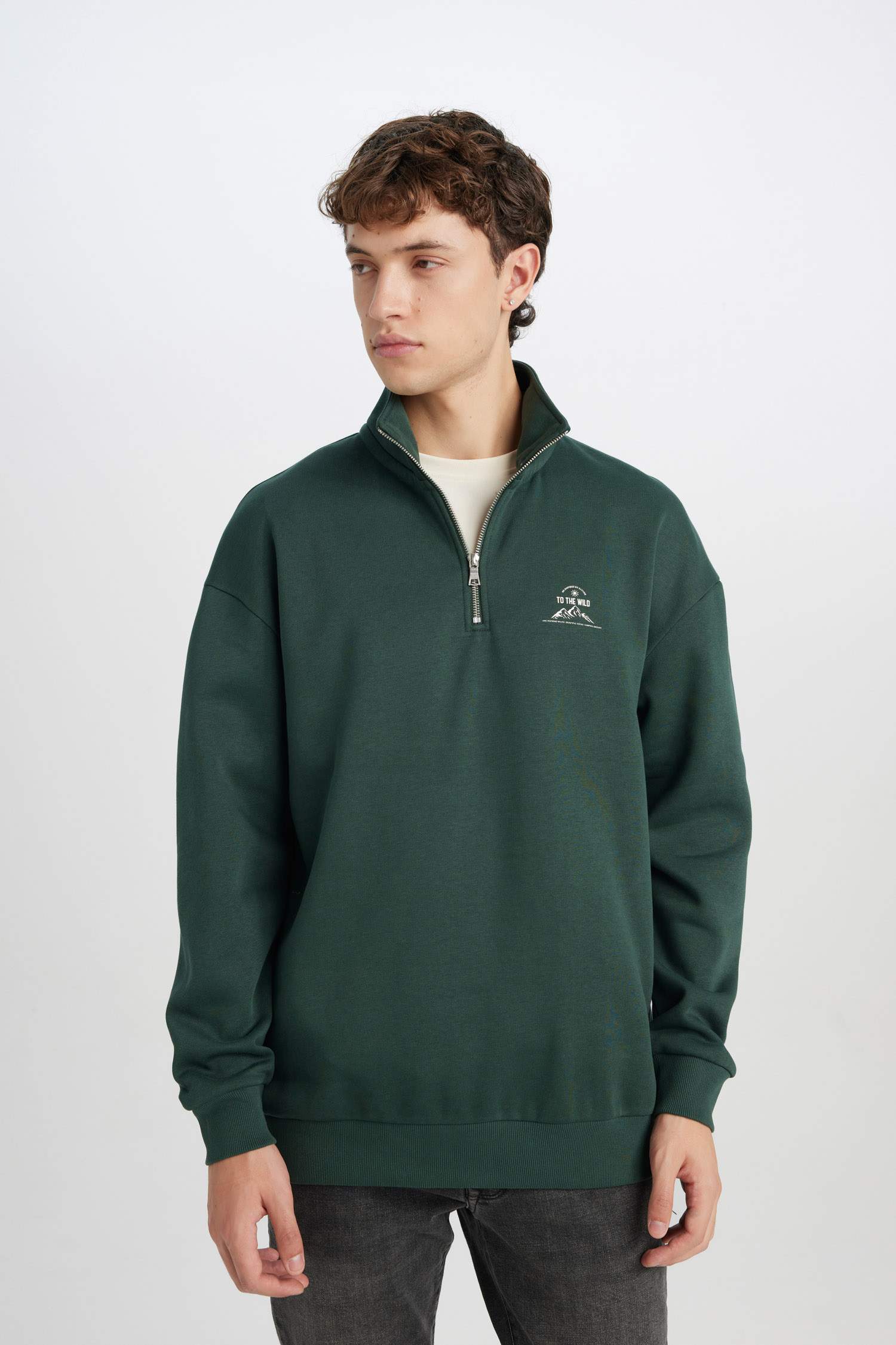 Comfort Regular Fit Rahat Kalıp Fermuarlı Dik Yaka Baskılı Sweatshirt