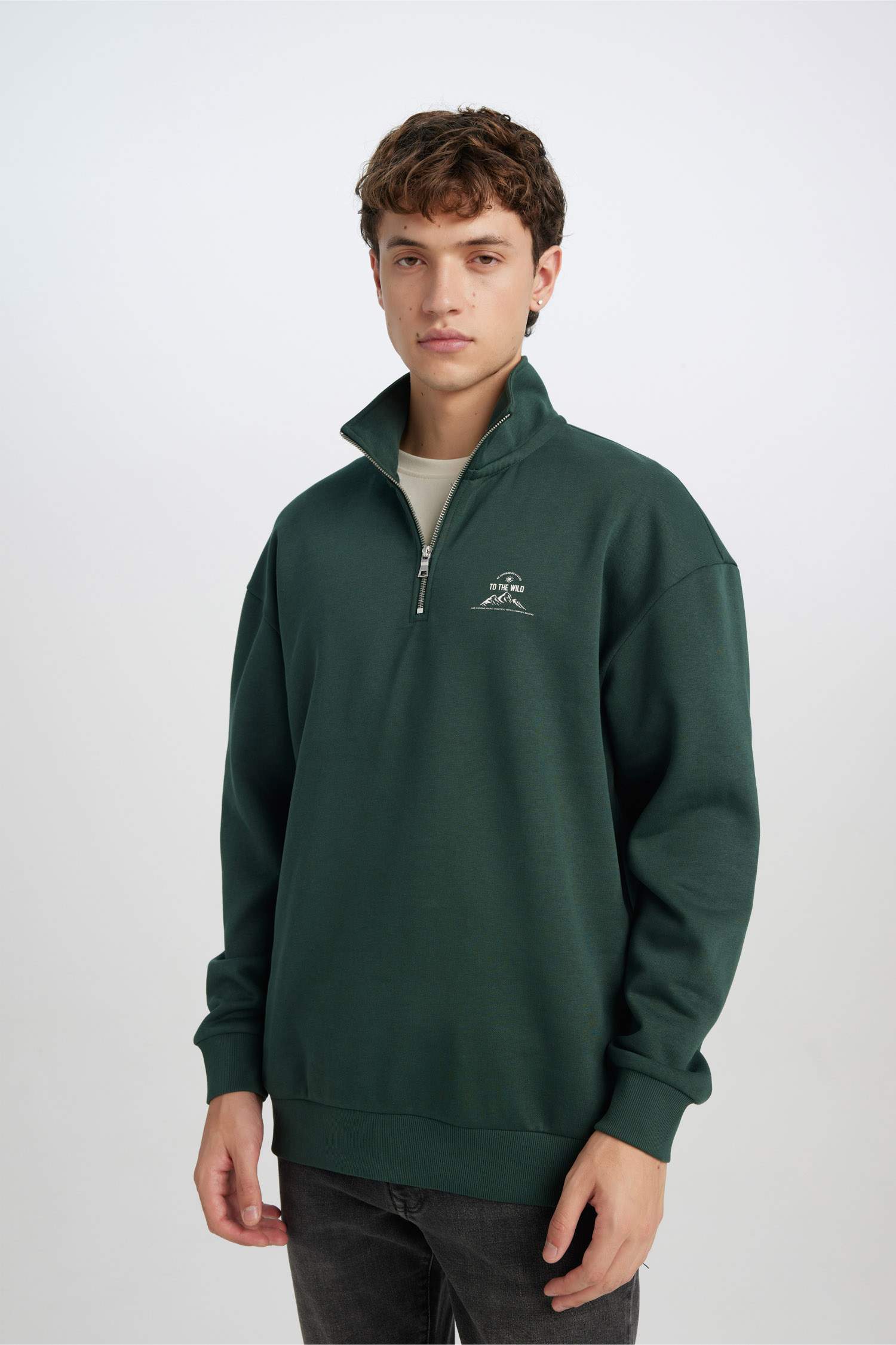 Comfort Regular Fit Rahat Kalıp Fermuarlı Dik Yaka Baskılı Sweatshirt