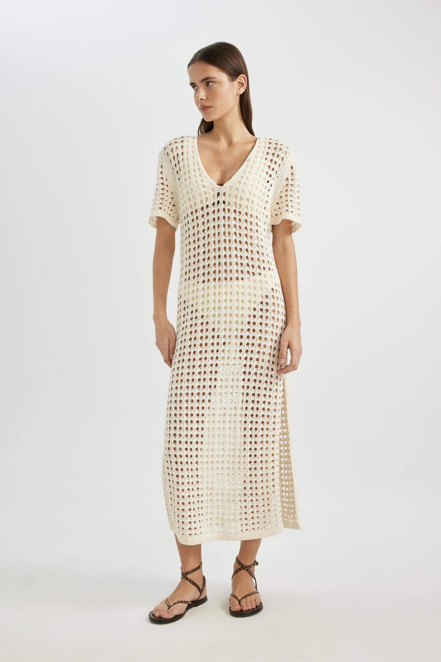 V Yaka Kısa Kollu Triko Örgü Plaj Elbisesi-Fall in Love