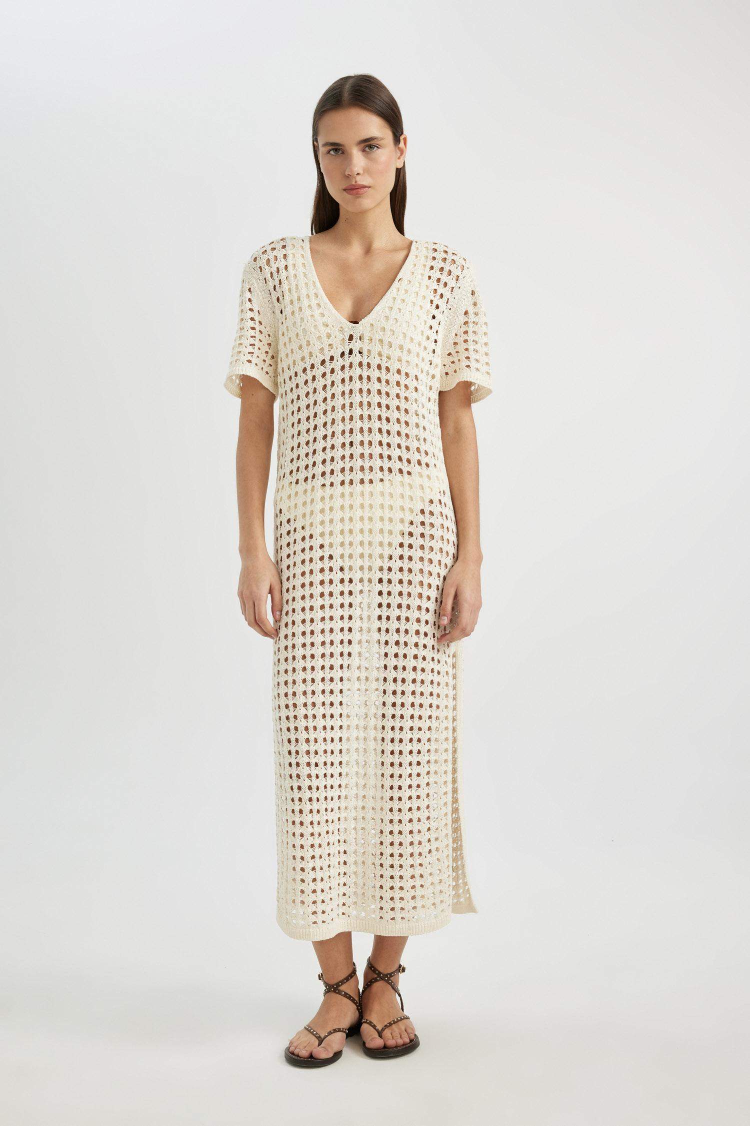 V Yaka Kısa Kollu Triko Örgü Plaj Elbisesi-Fall in Love