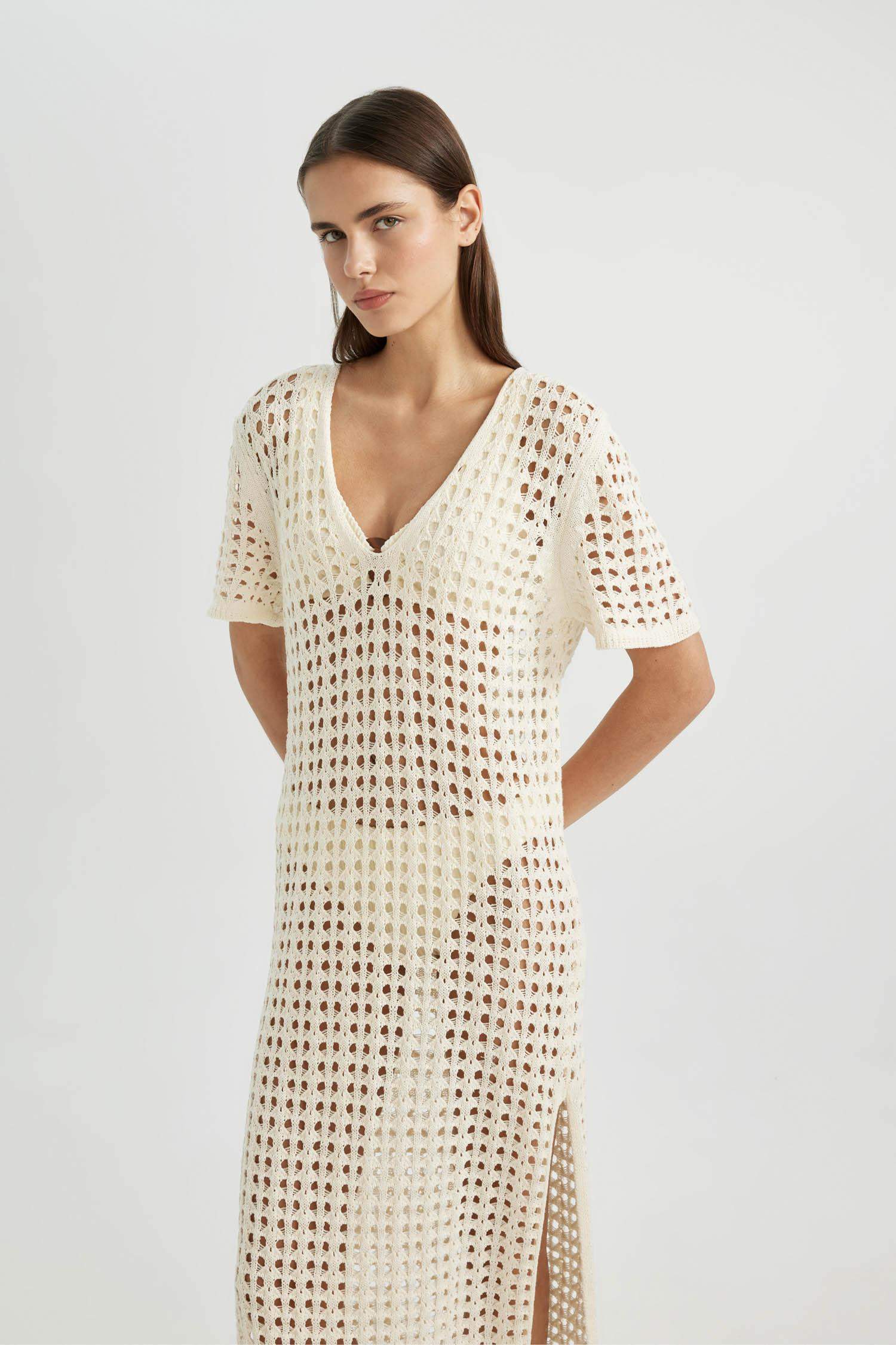 V Yaka Kısa Kollu Triko Örgü Plaj Elbisesi-Fall in Love