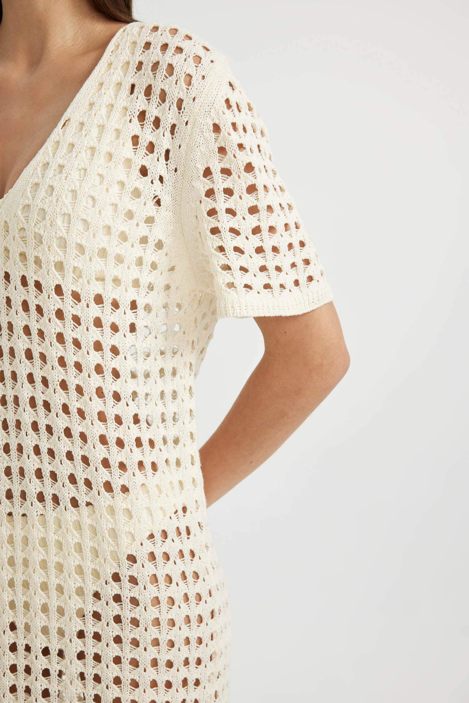 V Yaka Kısa Kollu Triko Örgü Plaj Elbisesi-Fall in Love