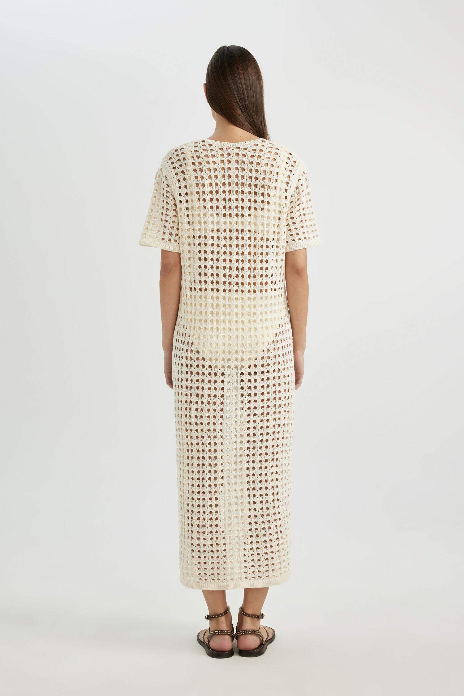 V Yaka Kısa Kollu Triko Örgü Plaj Elbisesi-Fall in Love