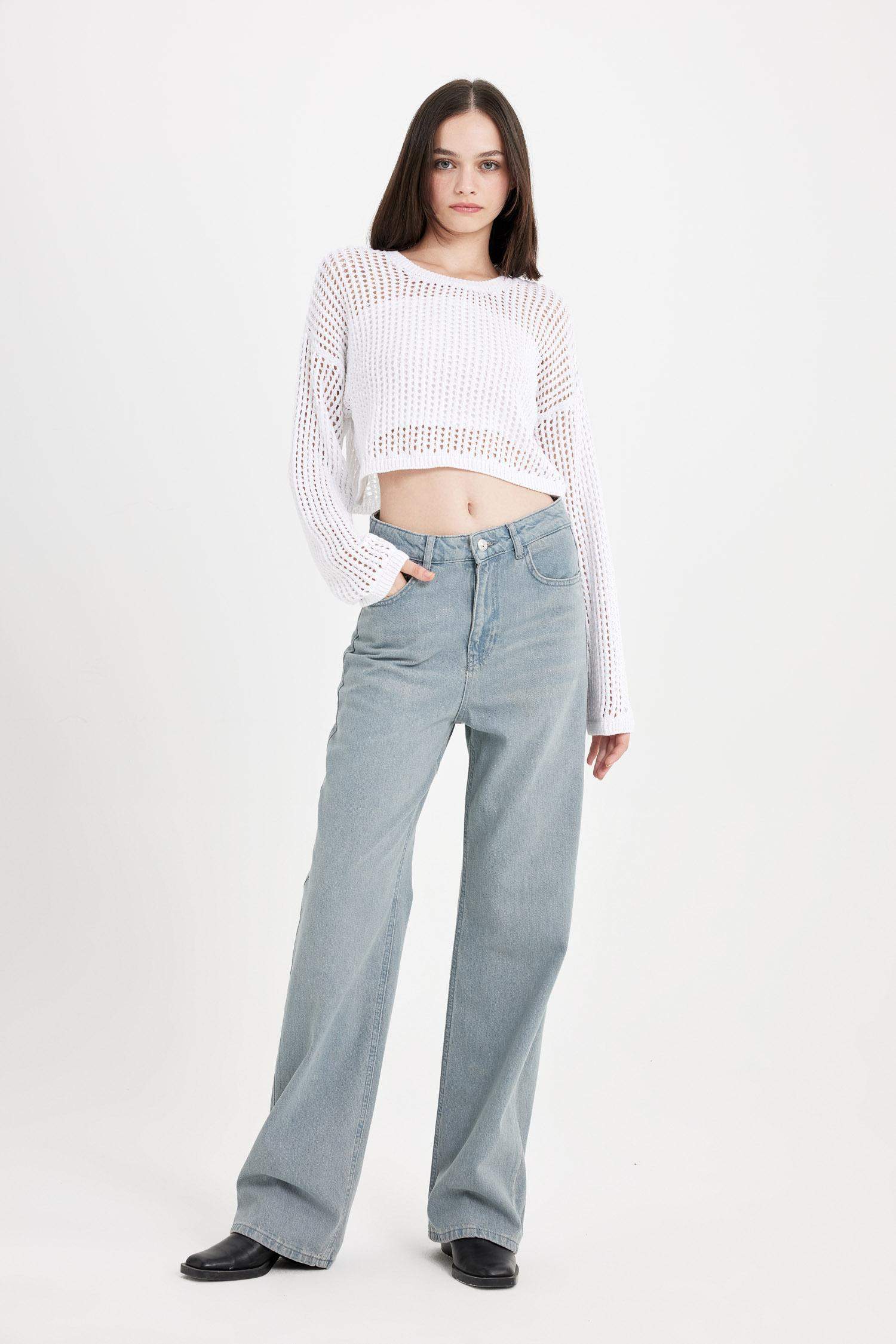 90's Wide Leg Yüksek Bel Uzun Jean Yıkamalı Pantolon