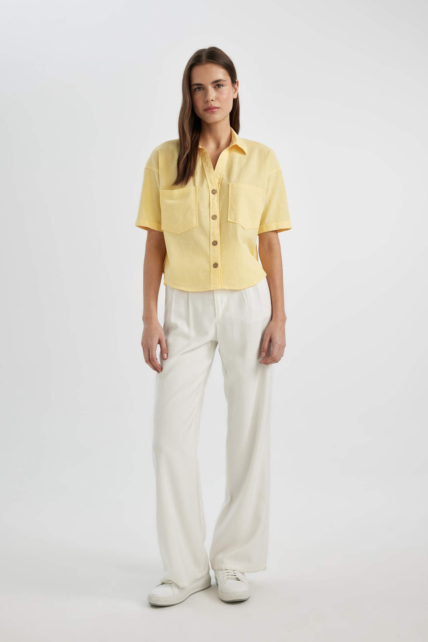 Oversize Geniş Kalıp Gömlek Yaka Keten Karışımlı Kısa Kollu Bluz