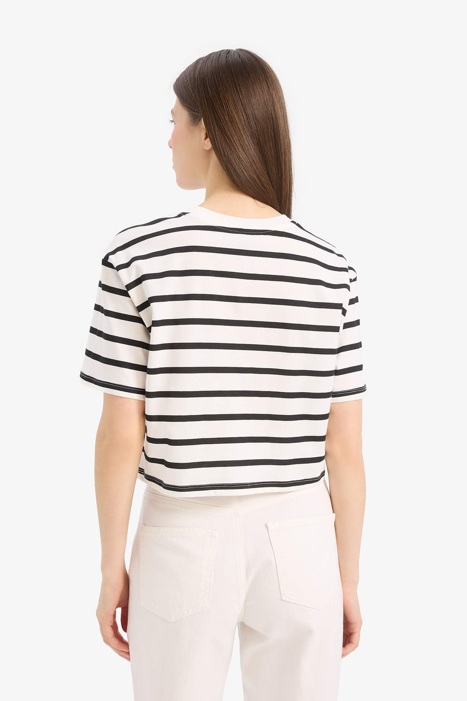 Boxy Fit Bisiklet Yaka Çizgili Penye Kısa Kollu Tişört