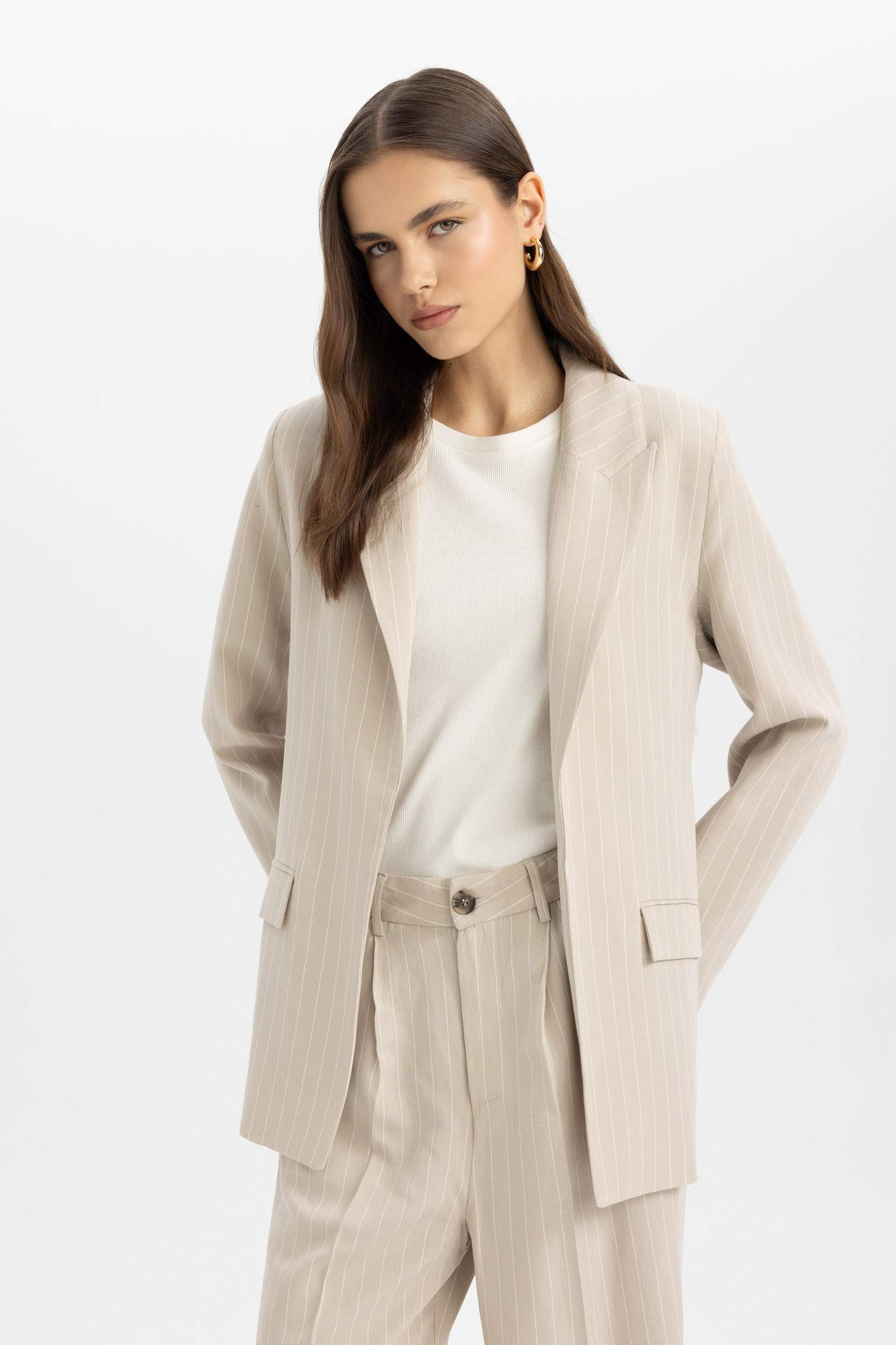 Oversize Fit Jacket Collar Linen Blended Blazer