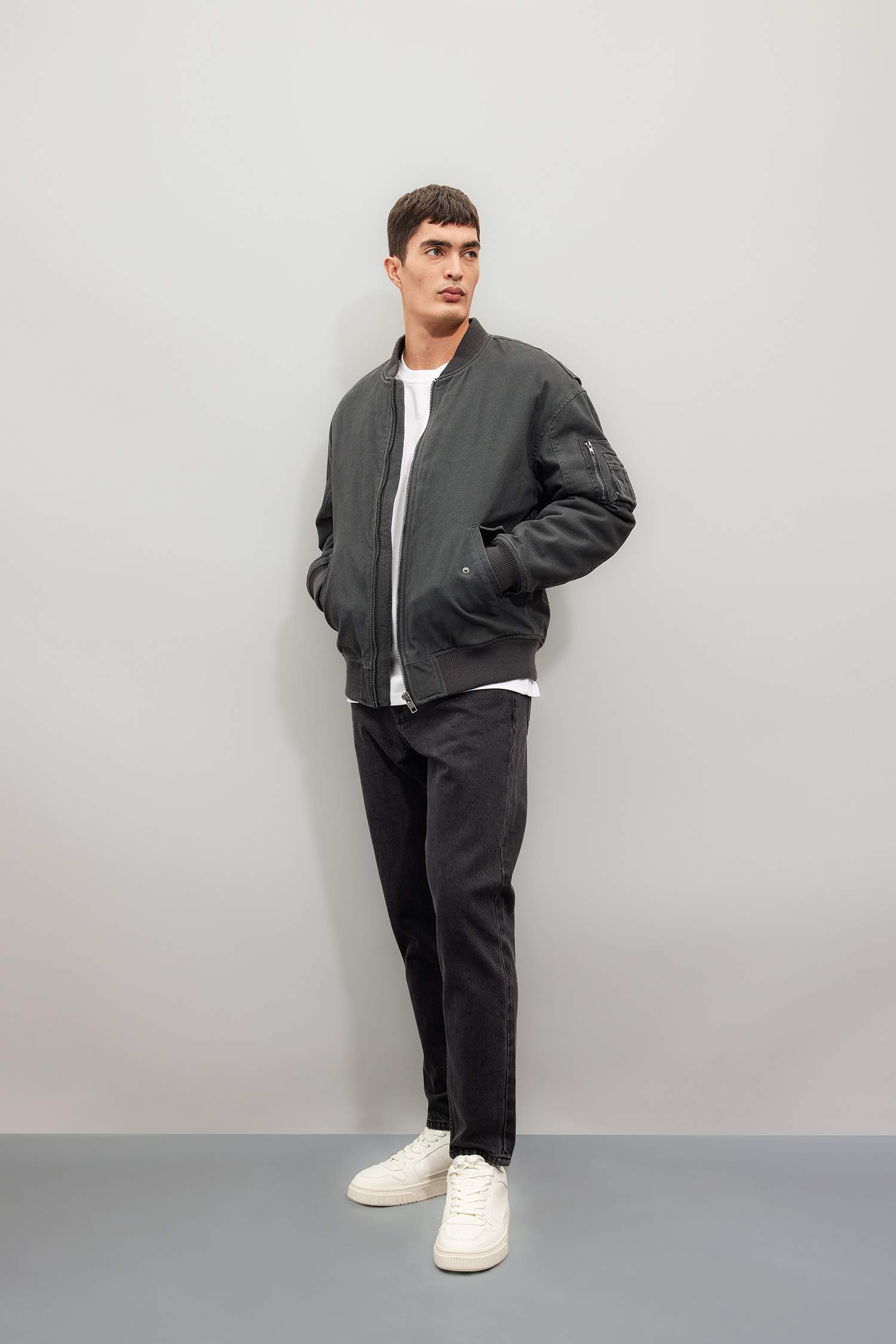 %100 Pamuk Oversize Geniş Kalıp Bomber Kolej Yaka Fermuarlı Cepli Soluk Efektli Mevsimlik Mont Ceket