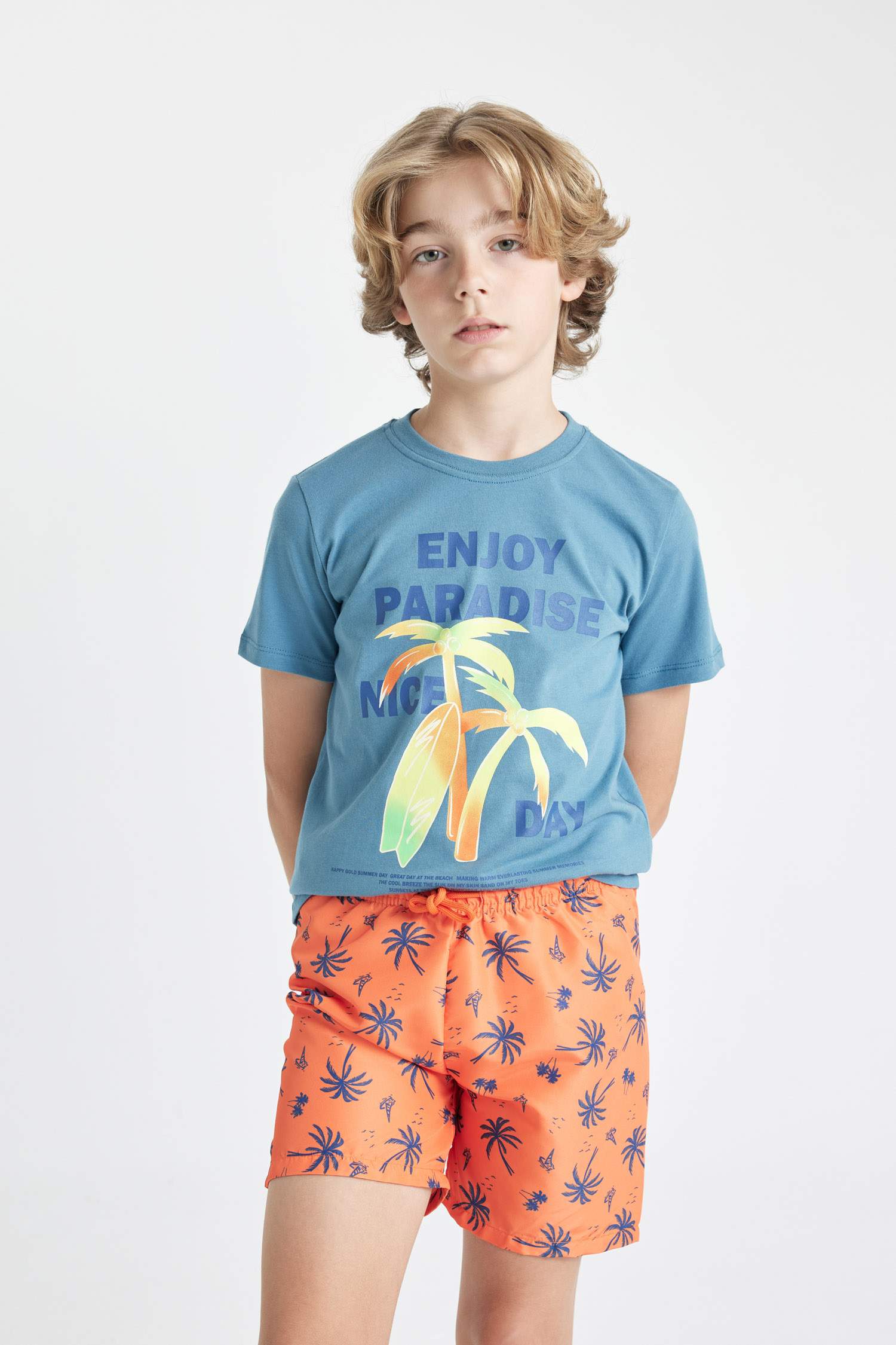 Erkek Çocuk 2'li Takım Palmiye Baskılı Kısa Kollu Tişört Deniz Şortu