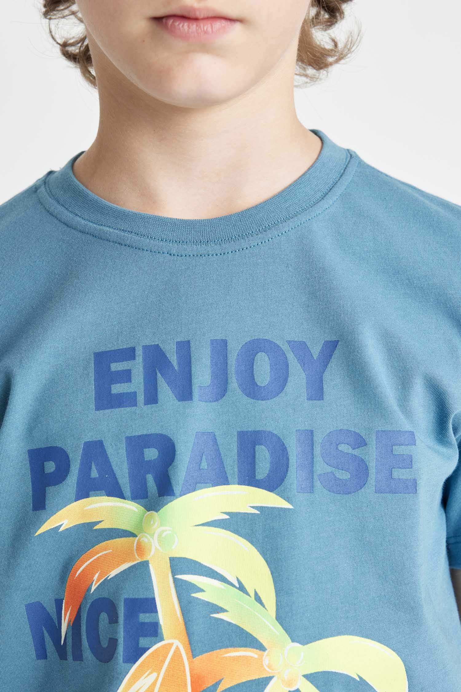 Erkek Çocuk 2'li Takım Palmiye Baskılı Kısa Kollu Tişört Deniz Şortu