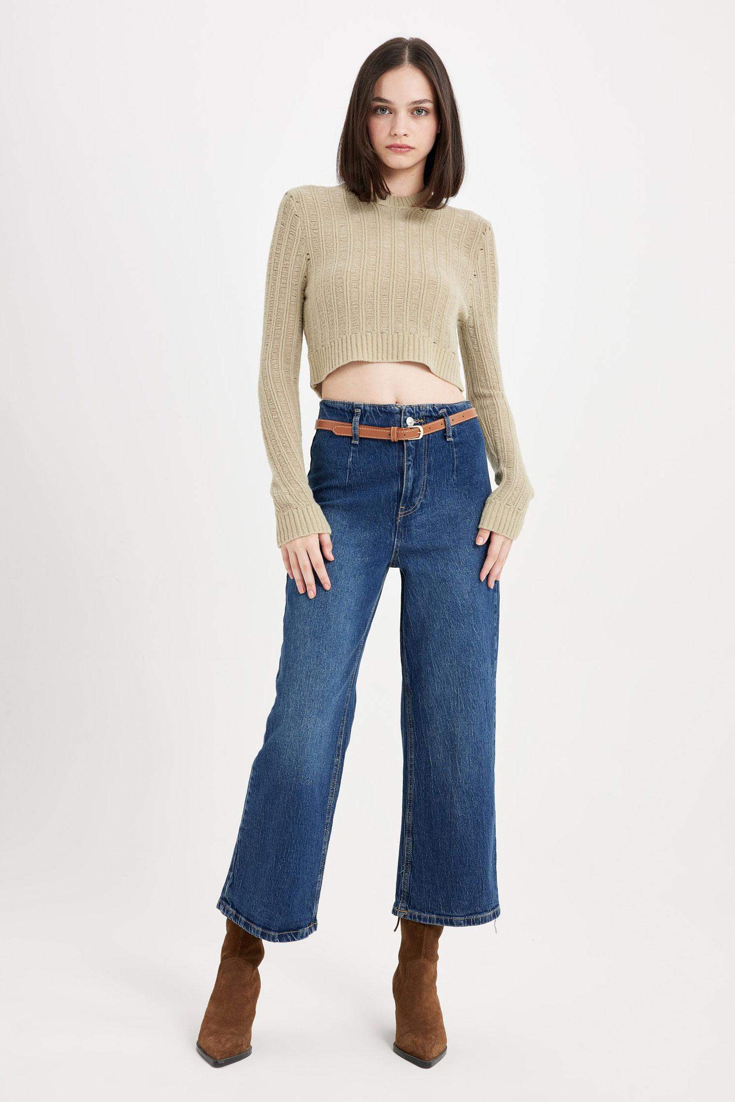 Regular Fit Crop Bisiklet Yaka Örgü Delikli Triko Kazak