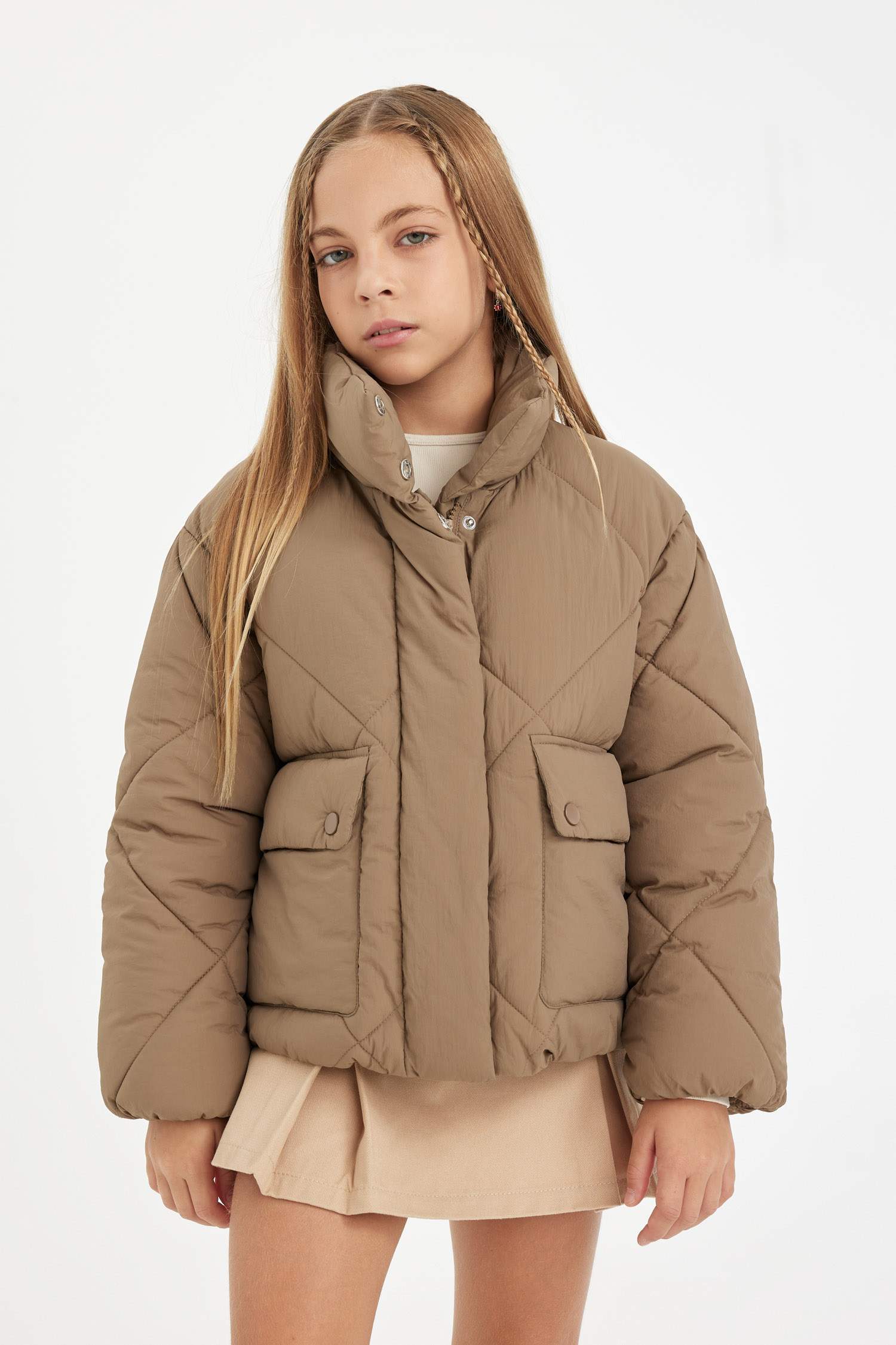 Kız Çocuk Su Geçirmez Şişme Mont Dik Yaka Cepli Fermuarlı