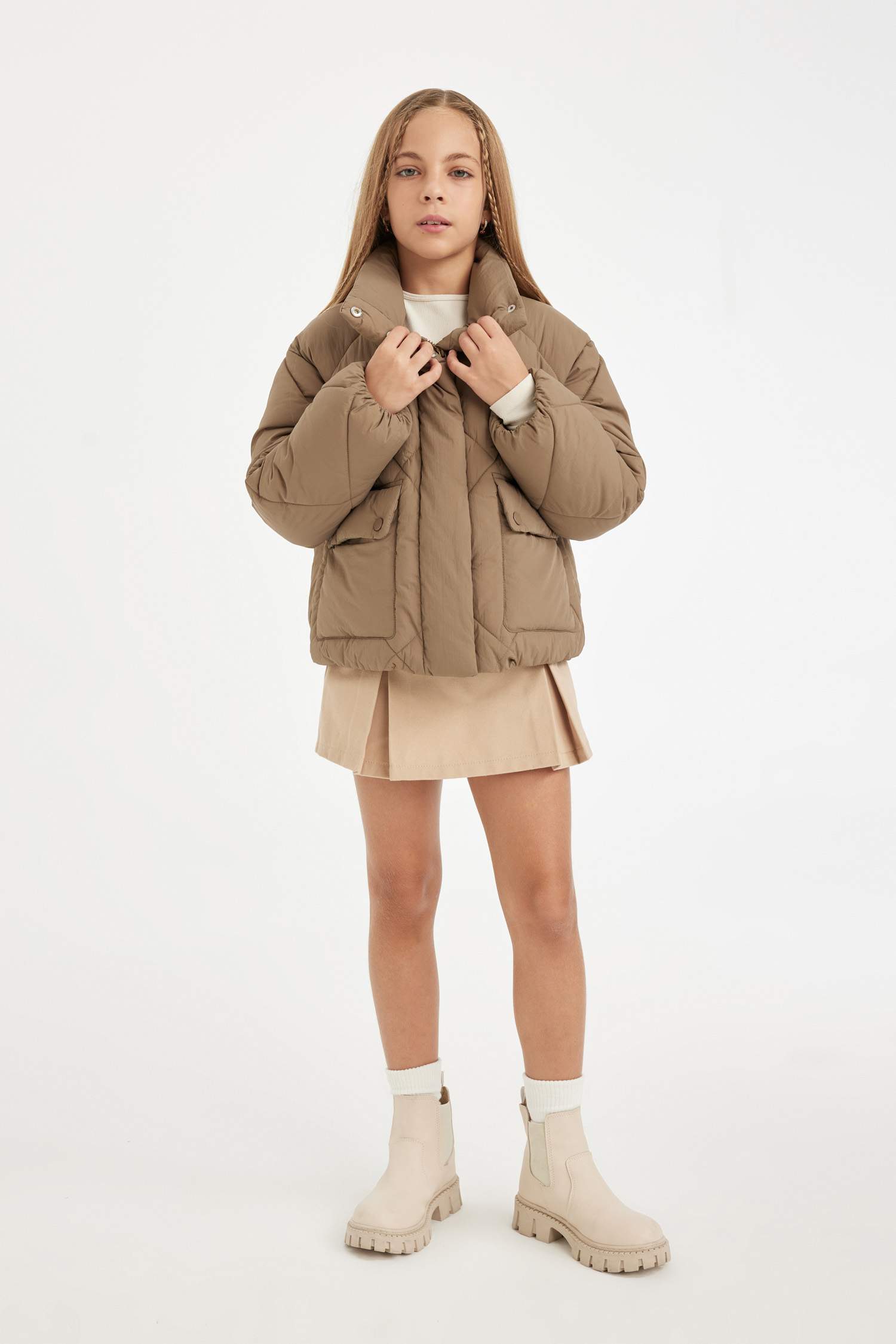 Kız Çocuk Su Geçirmez Şişme Mont Dik Yaka Cepli Fermuarlı