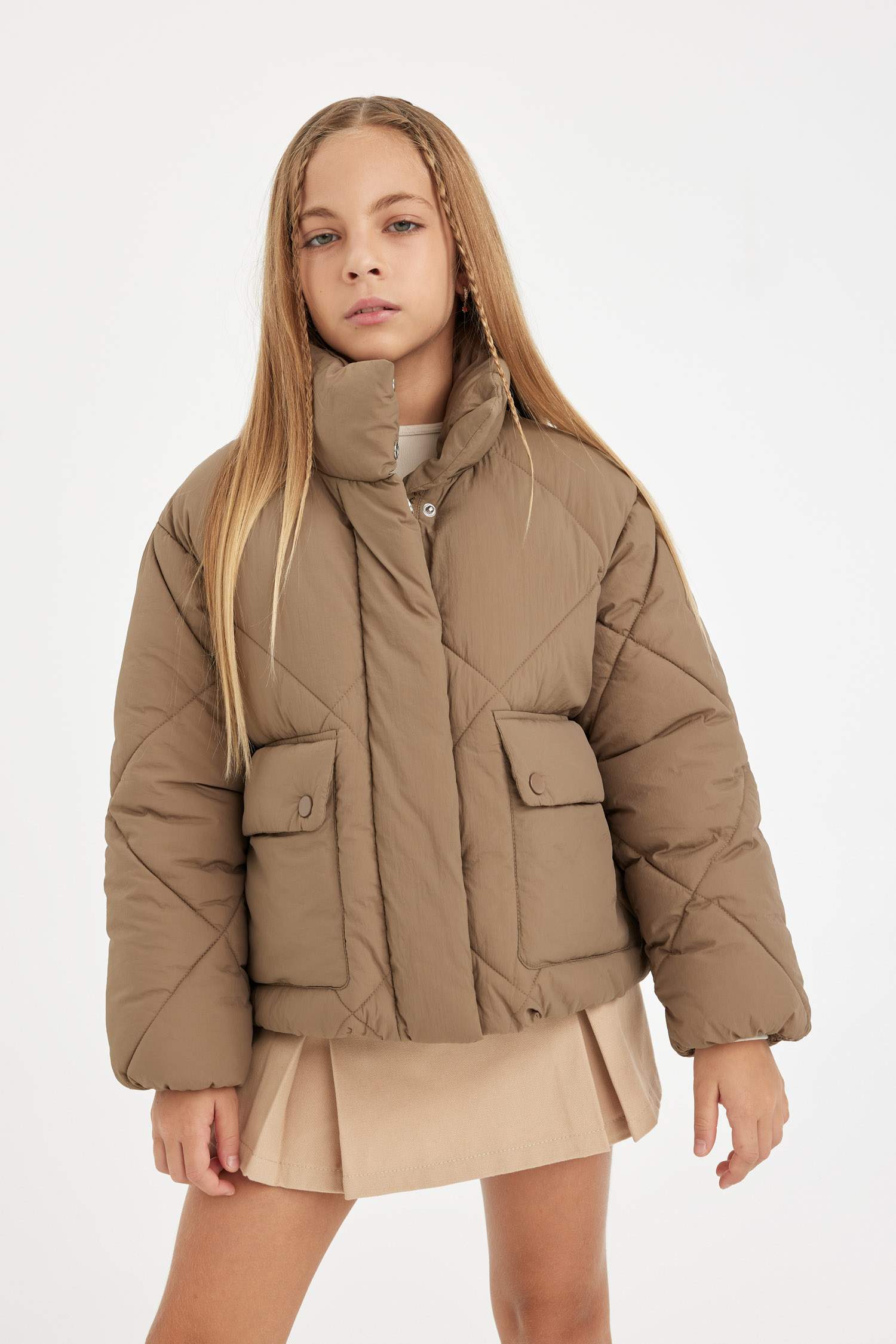 Kız Çocuk Su Geçirmez Şişme Mont Dik Yaka Cepli Fermuarlı