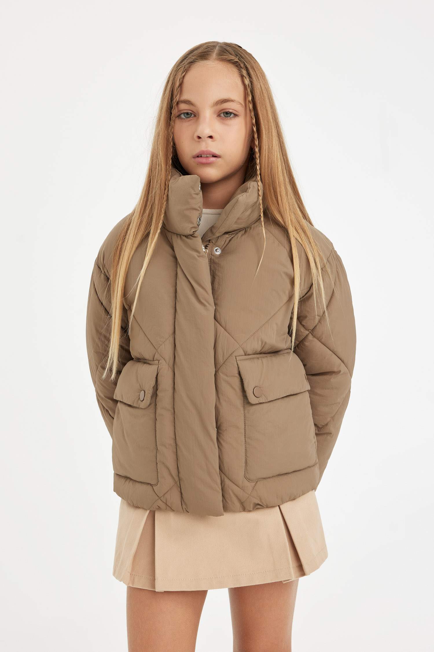 Kız Çocuk Su Geçirmez Şişme Mont Dik Yaka Cepli Fermuarlı