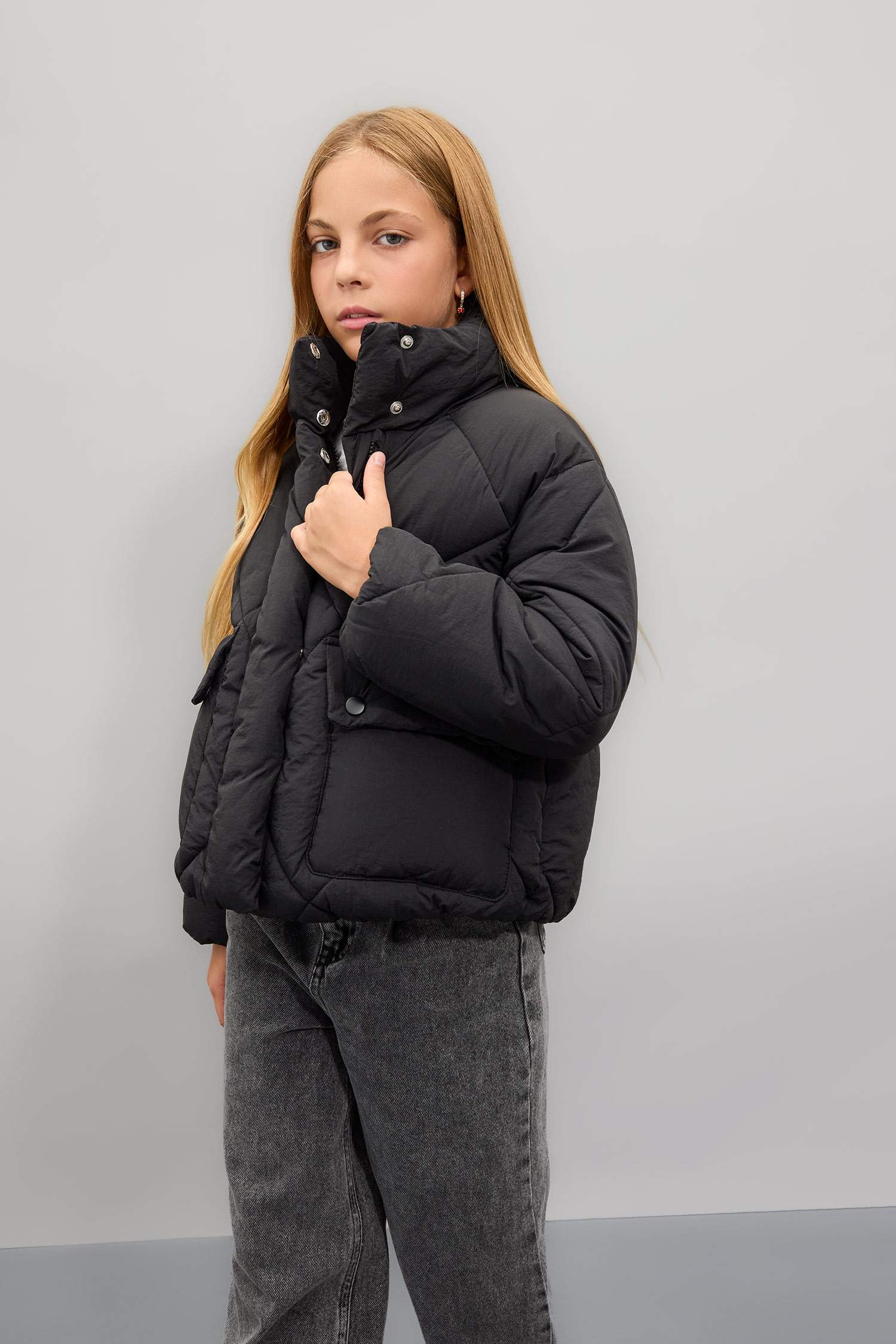 Kız Çocuk Su Geçirmez Şişme Mont Dik Yaka Cepli Fermuarlı