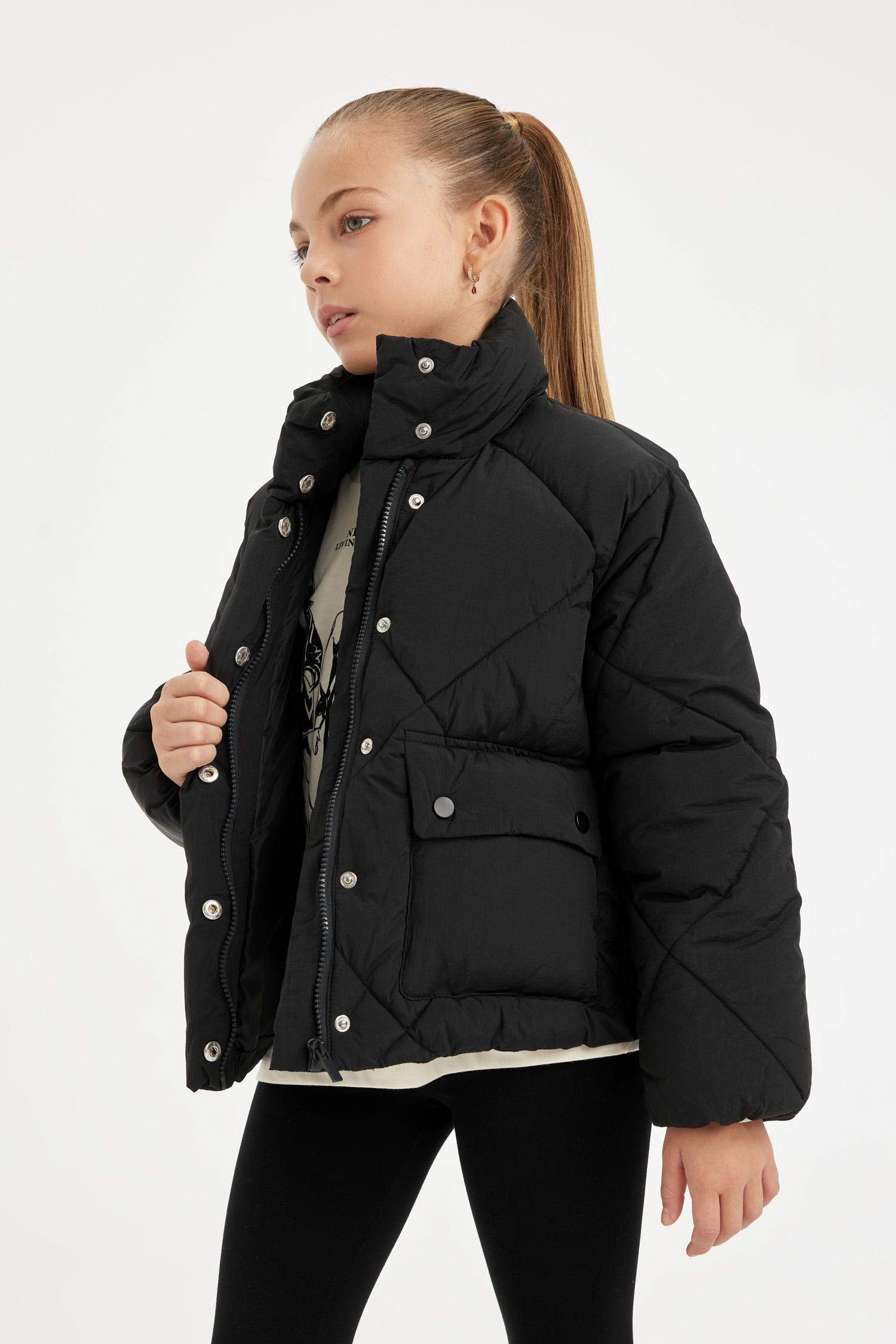 Kız Çocuk Su Geçirmez Şişme Mont Dik Yaka Cepli Fermuarlı