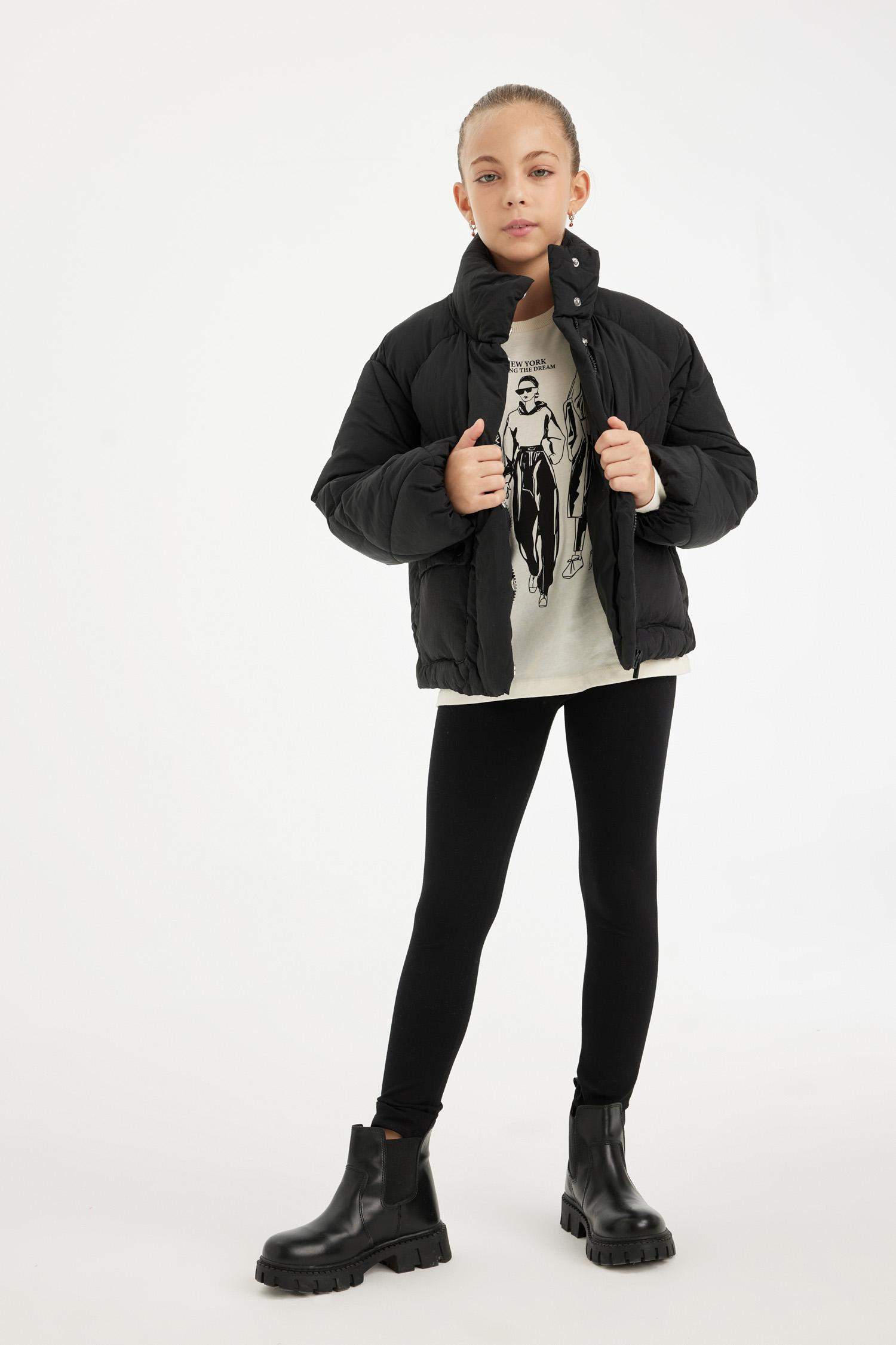 Kız Çocuk Su Geçirmez Şişme Mont Dik Yaka Cepli Fermuarlı