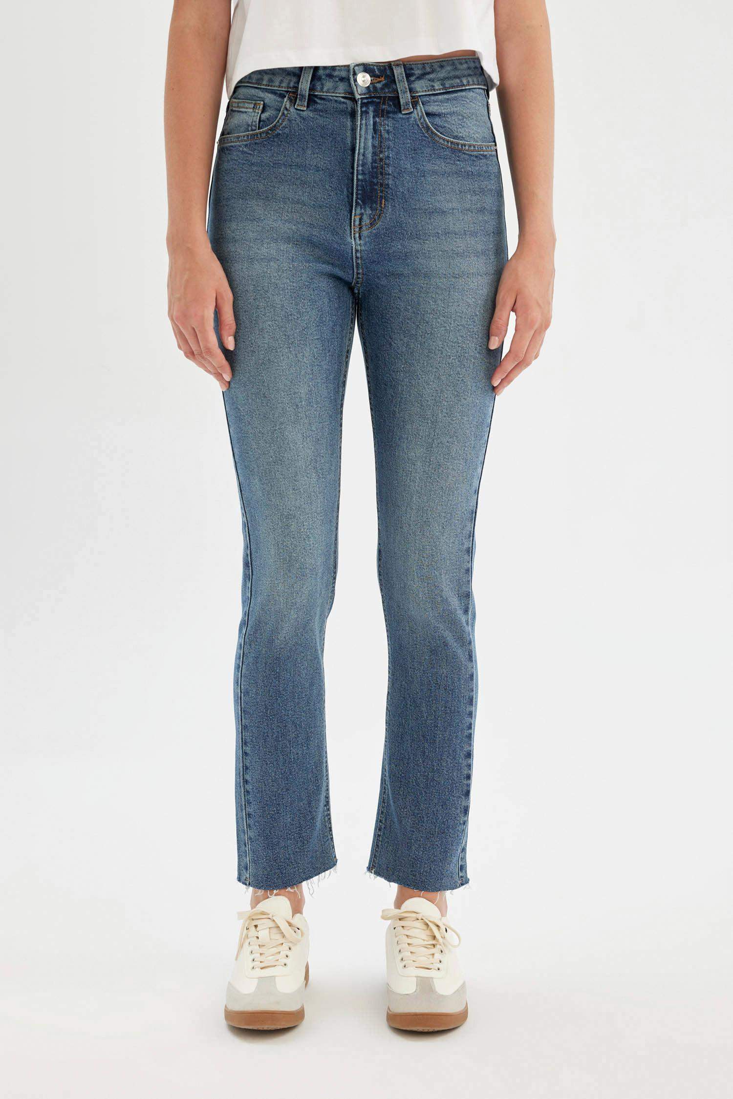 Mary Vintage Straight Fit Yüksek Bel Paça Ucu Kesik Bilek Boy Jean Yıkamalı Pantolon