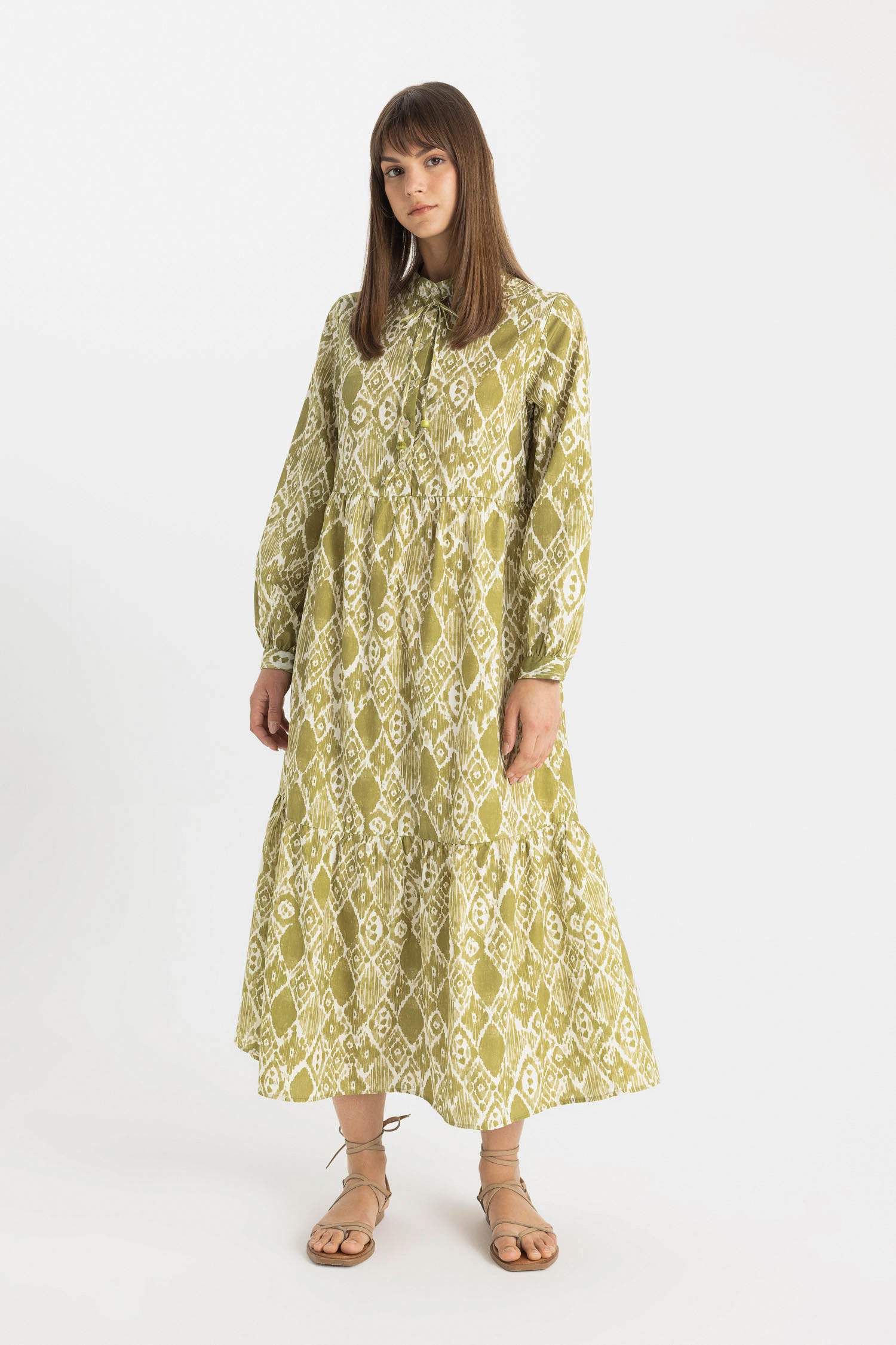 Crew Neck Printed Poplin Low Shoulder Dress