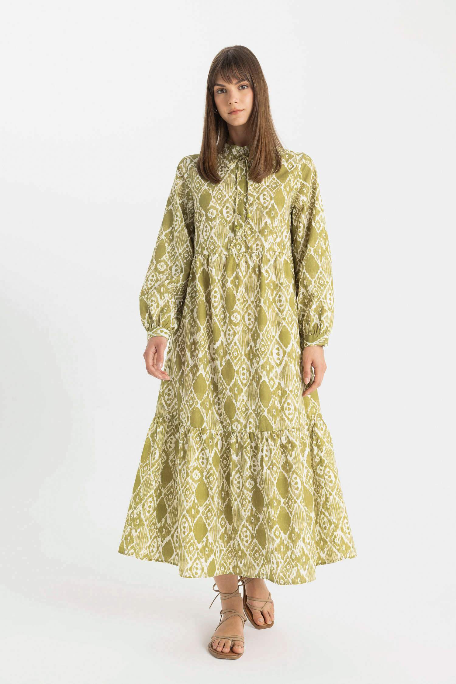 Crew Neck Printed Poplin Low Shoulder Dress