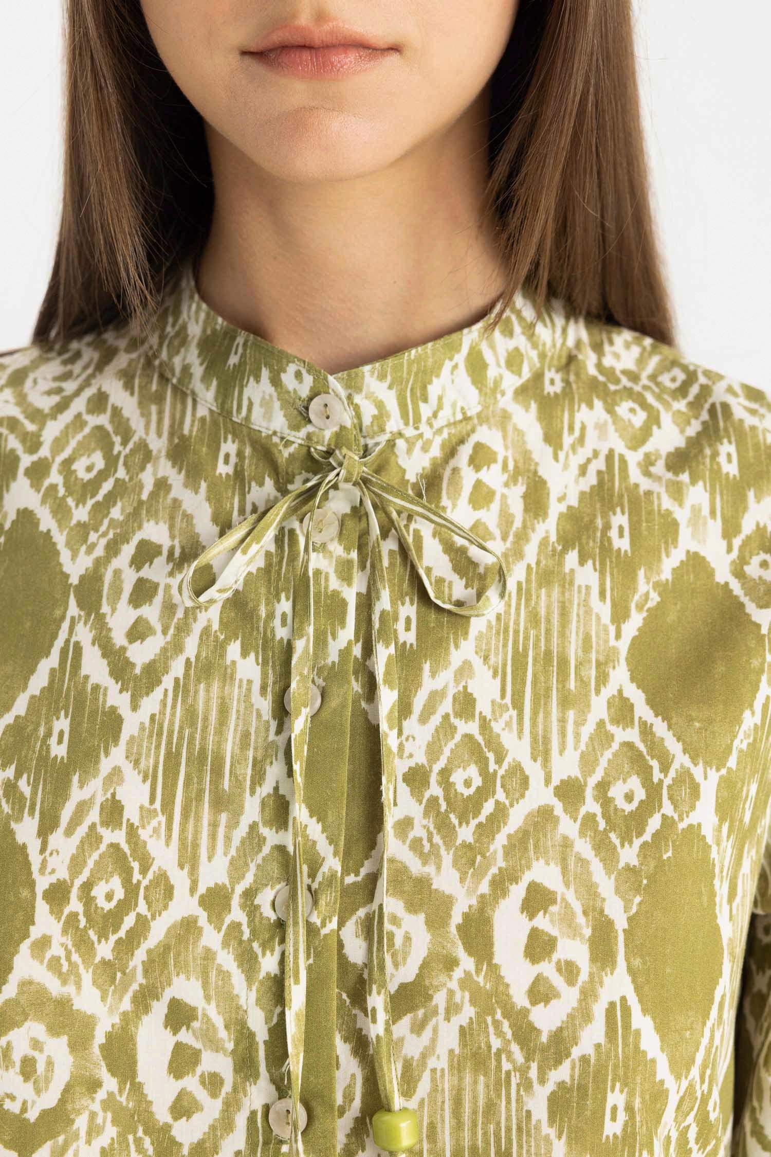 Crew Neck Printed Poplin Low Shoulder Dress