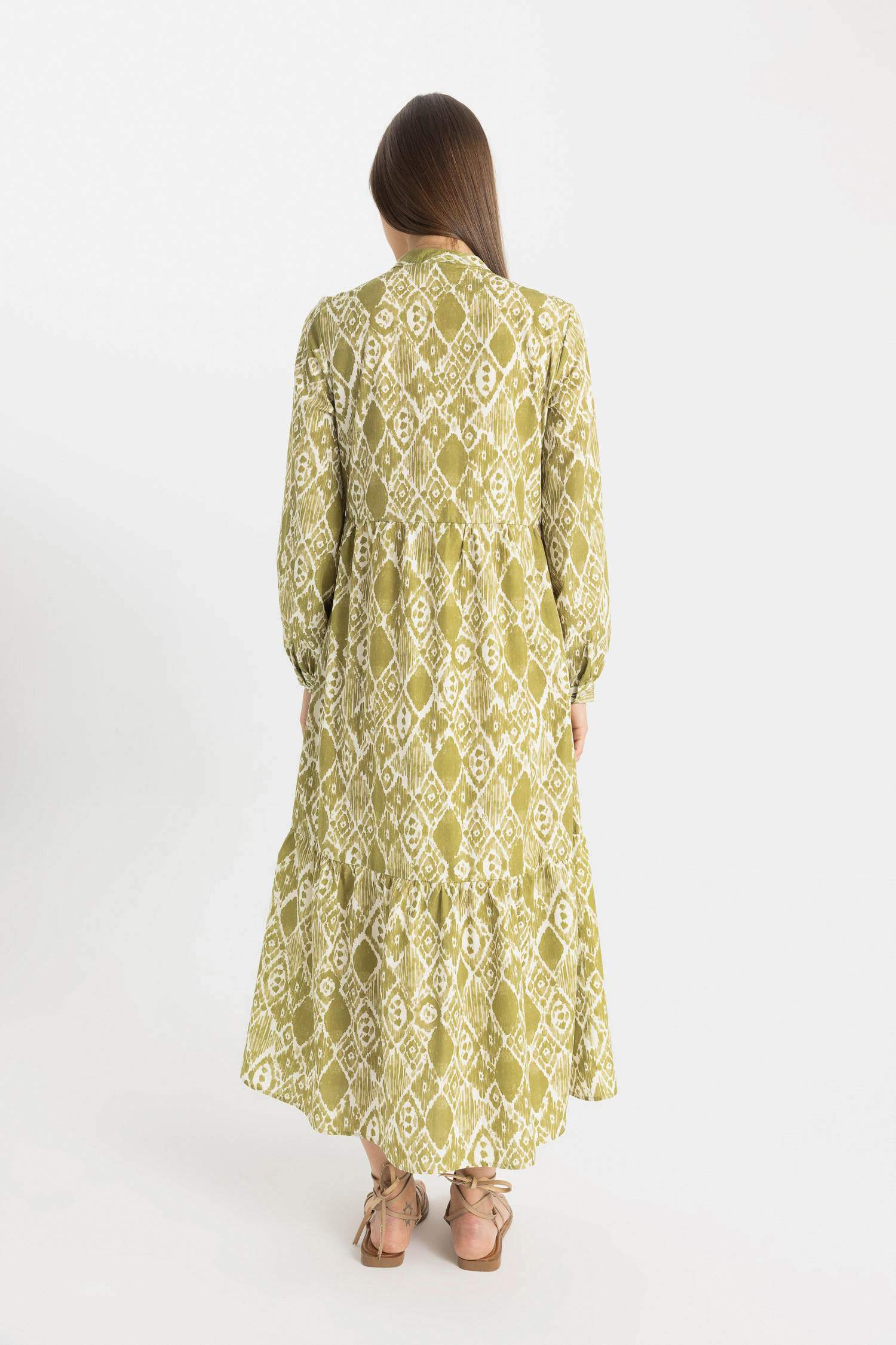 Crew Neck Printed Poplin Low Shoulder Dress