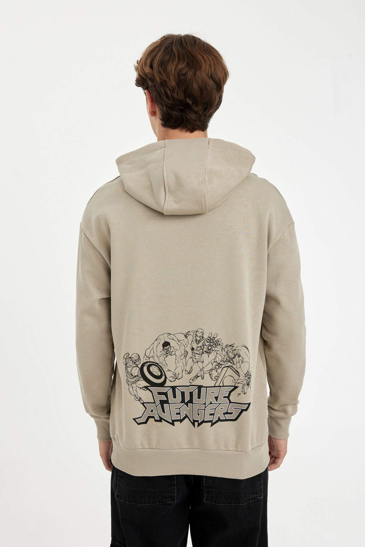 Haki Marvel Avengers Boxy Fit Kapüşonlu Sırt Baskılı Sweatshirt