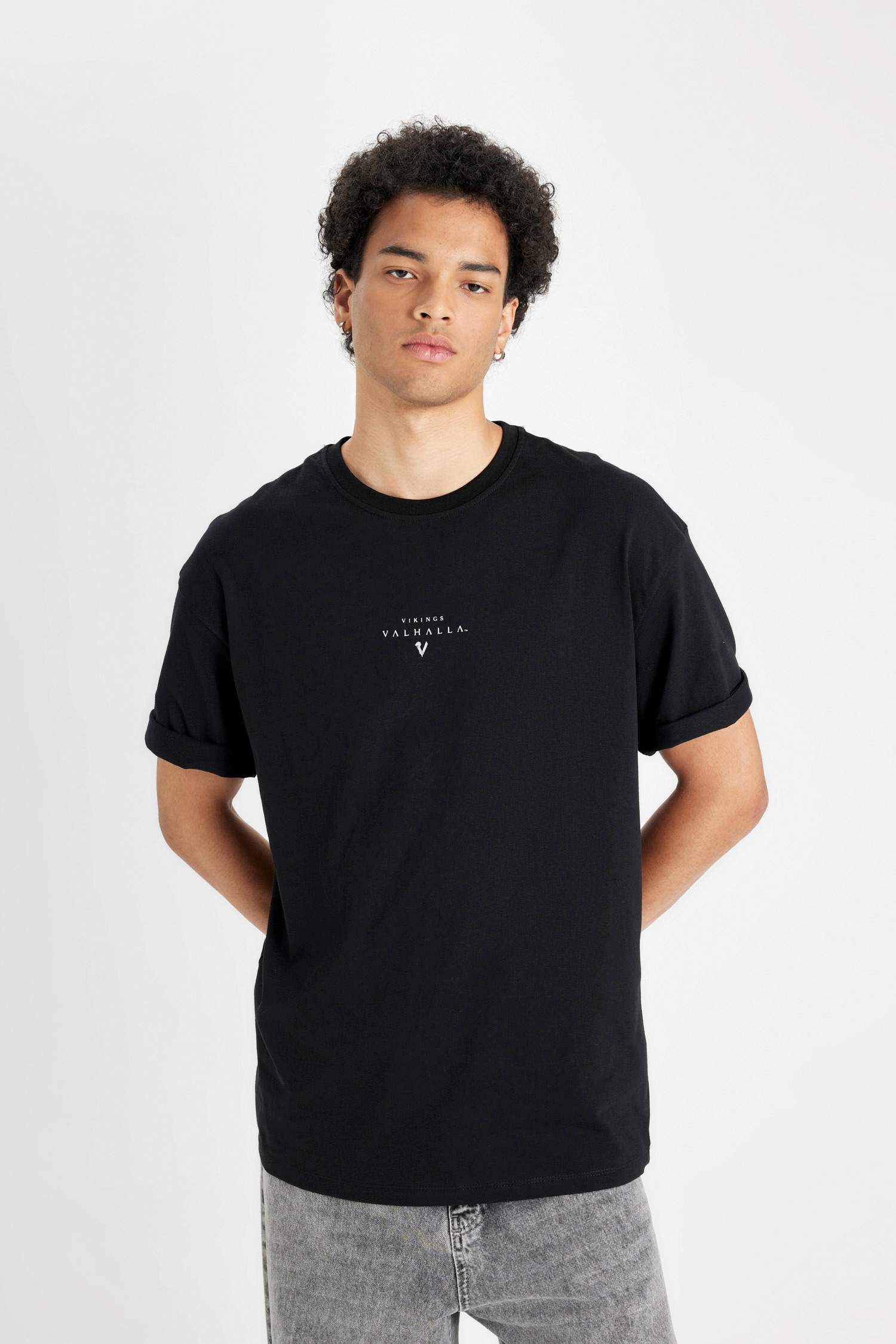 %100 Pamuk Vikings Valhalla Boxy Fit Bisiklet Yaka Sırt Baskılı Kısa Kollu Tişört