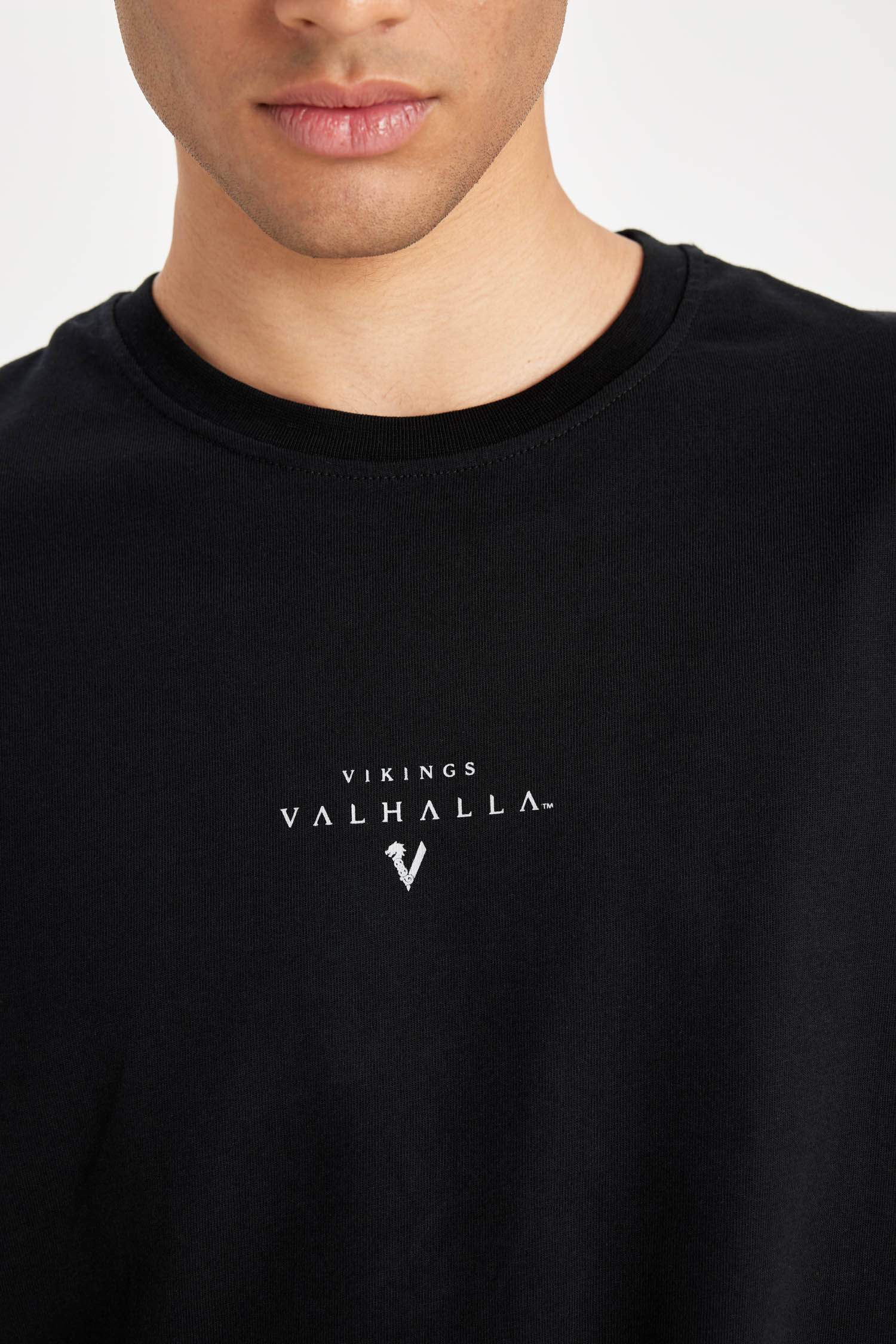 %100 Pamuk Vikings Valhalla Boxy Fit Bisiklet Yaka Sırt Baskılı Kısa Kollu Tişört