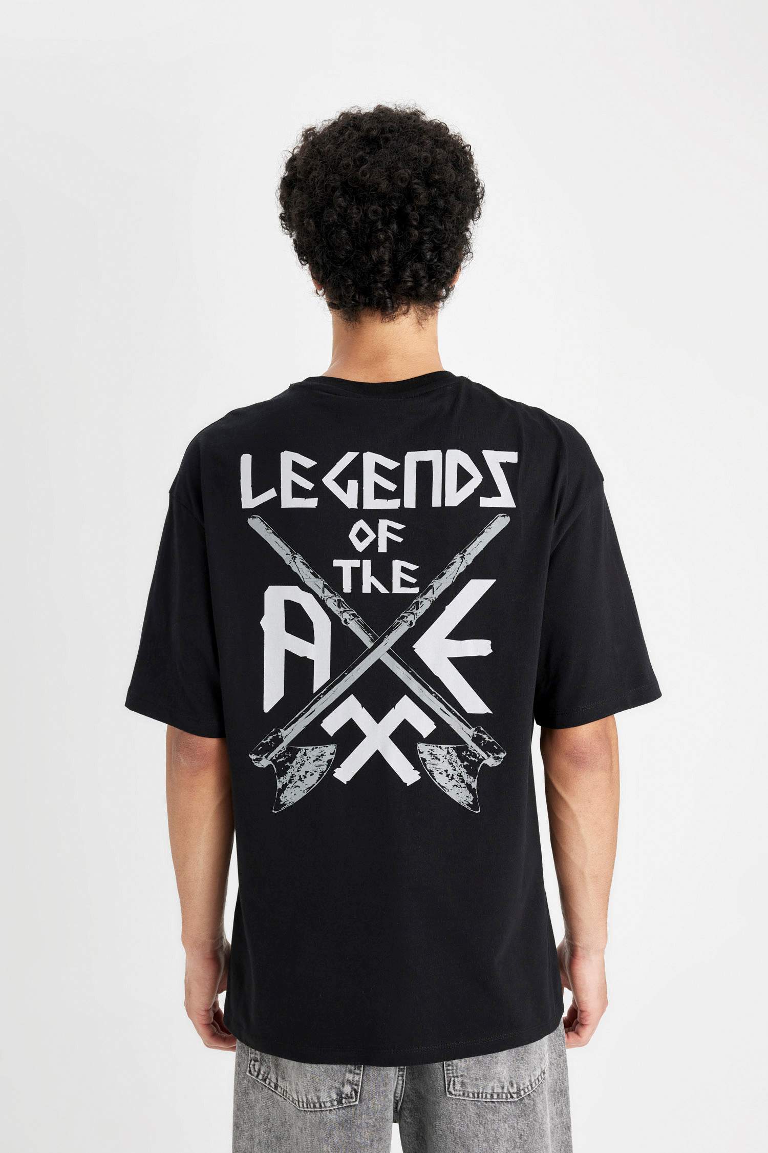 %100 Pamuk Vikings Valhalla Boxy Fit Bisiklet Yaka Sırt Baskılı Kısa Kollu Tişört