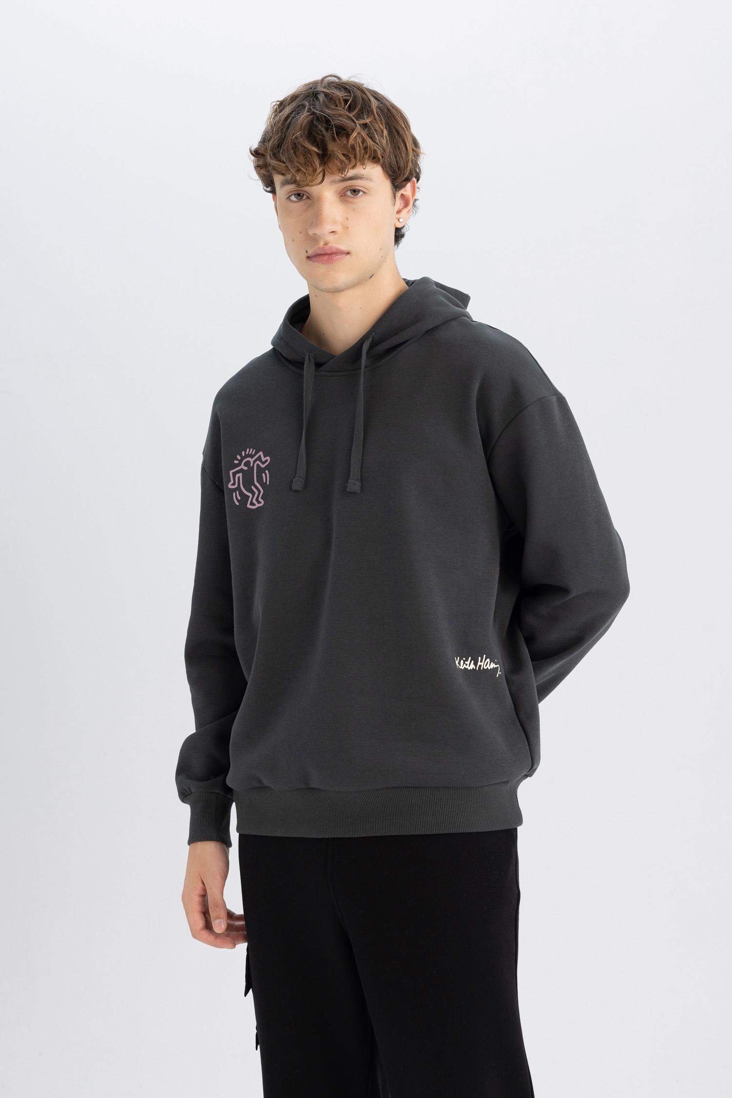 Keith Haring Boxy Fit Kapüşonlu Sırt Baskılı Sweatshirt