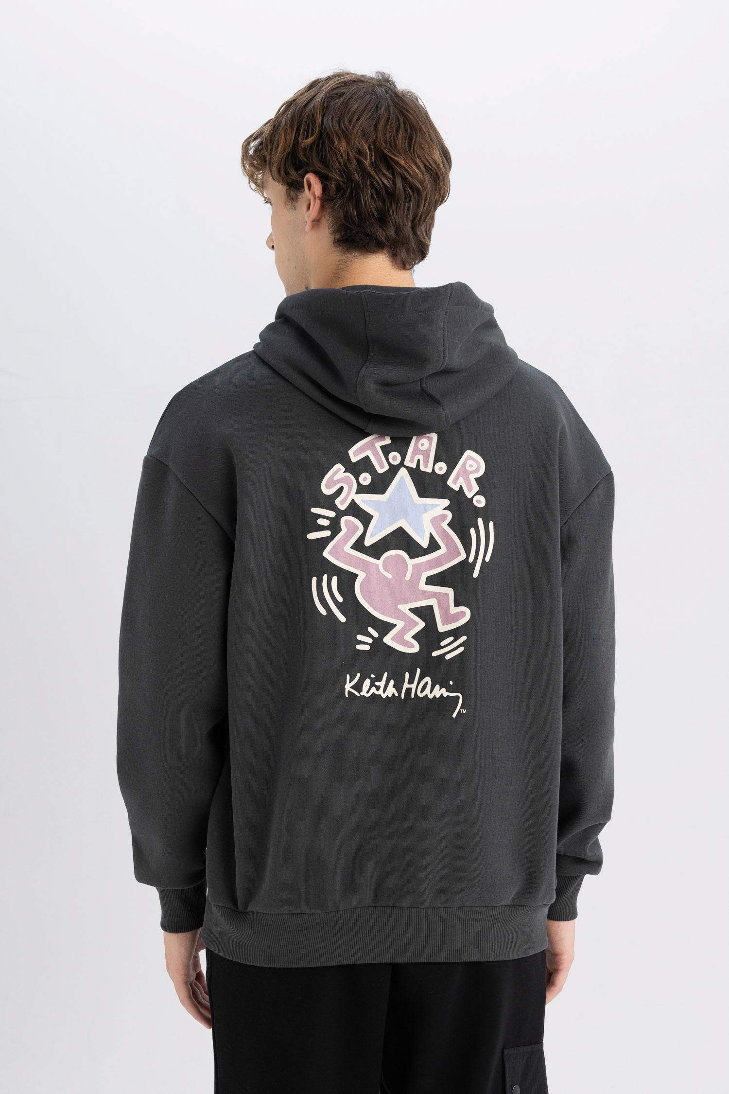 Keith Haring Boxy Fit Kapüşonlu Sırt Baskılı Sweatshirt