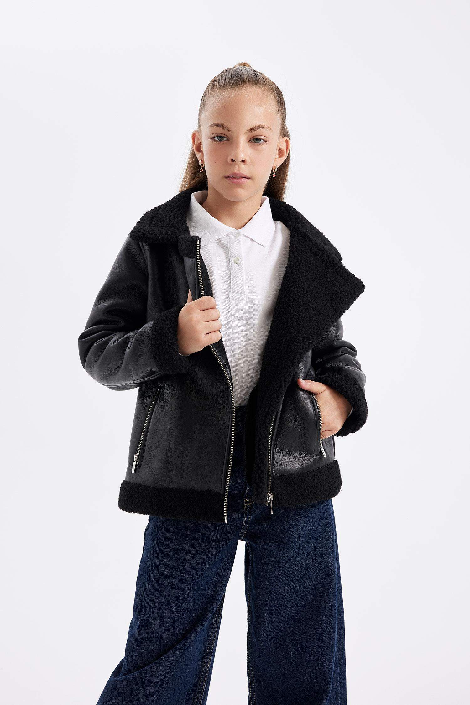 Kız Çocuk Su Geçirmez Ceket Yaka Pelüş Astar Mont