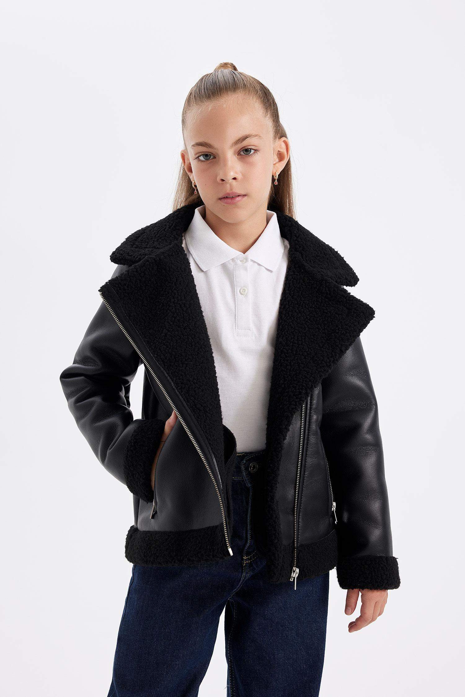 Kız Çocuk Su Geçirmez Ceket Yaka Pelüş Astar Mont