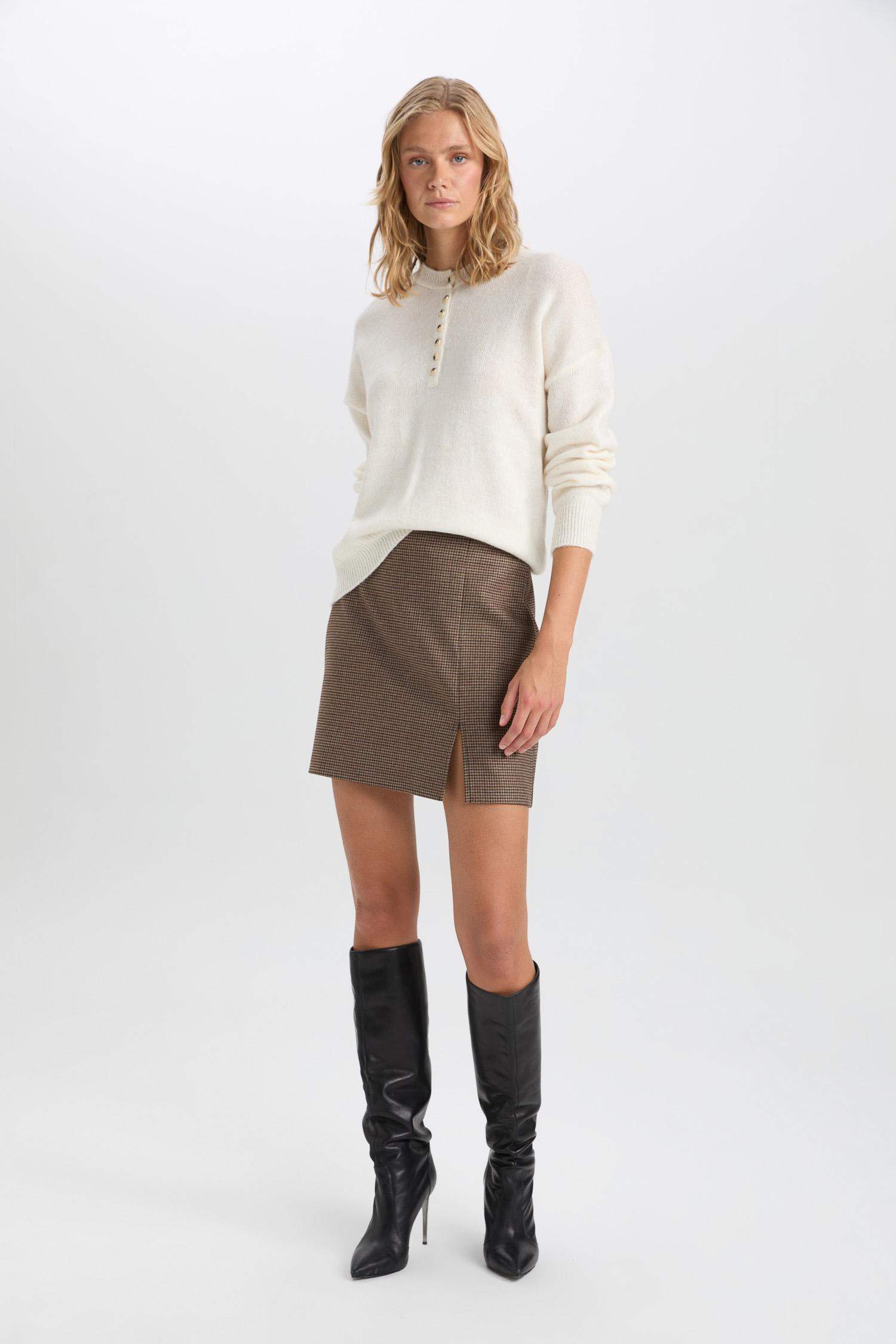 A Kesim Kareli Normal Bel Mini Etek