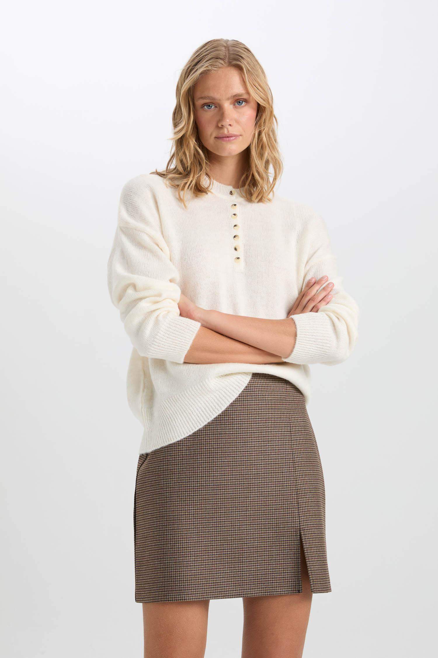 A Kesim Kareli Normal Bel Mini Etek