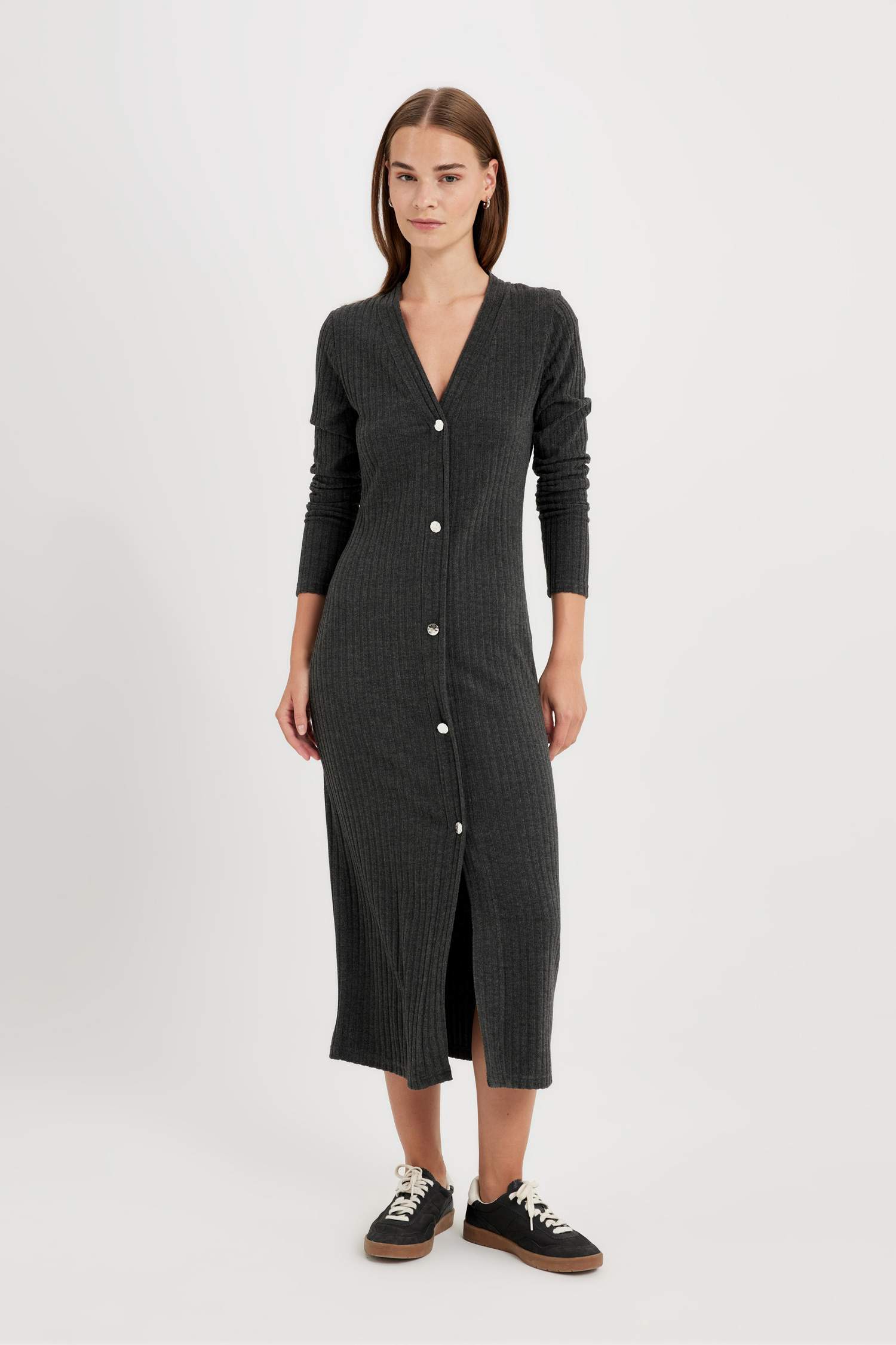 тығыз көйлек v жаға ұзын жеңді Ұзын жеңді трикотаж көйлек